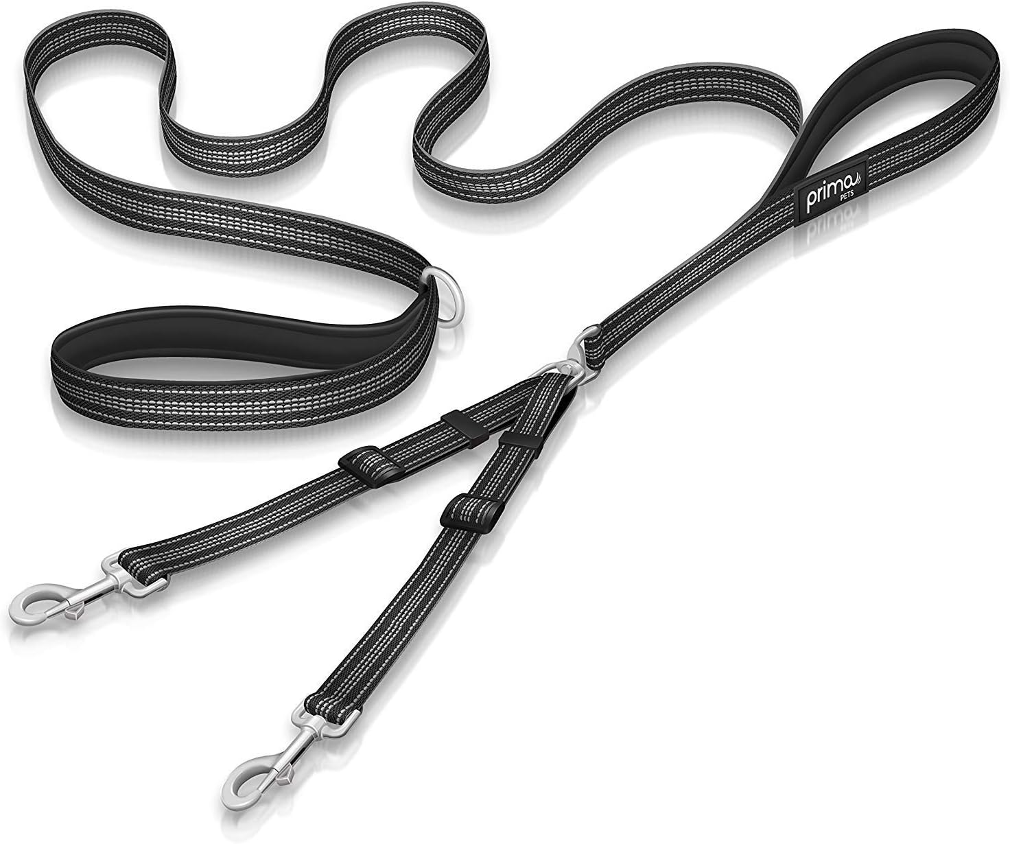 Prima Pet Premium Reflective Double Dog Leash - Adjustable Coupler - 2 Padded Handles- Great for Walking 2 Dogs/Dual Dogs - Tangle Free (Medium - 3/4" Width, 6 Feet Black)