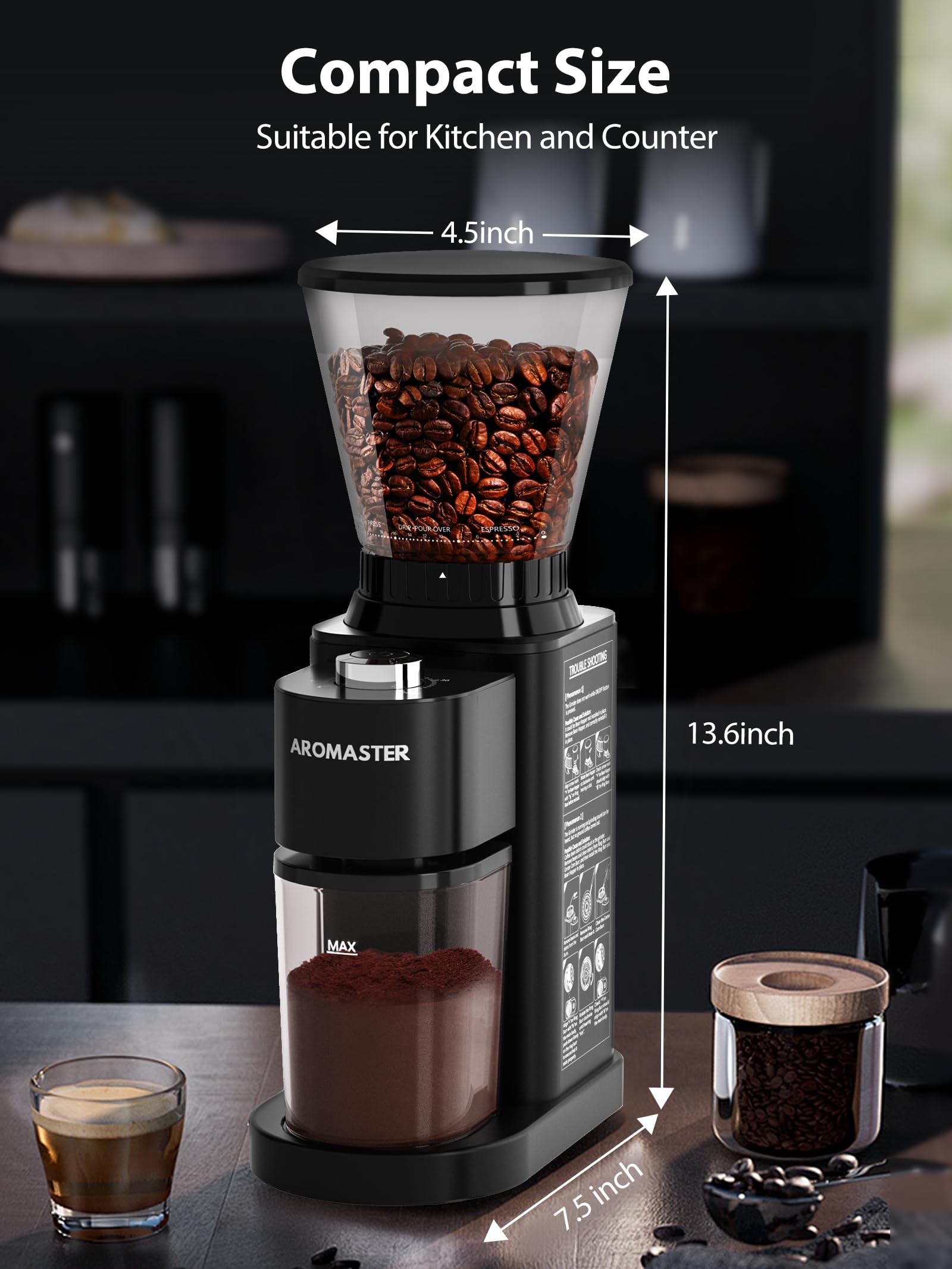 Aromaster - Molinillo de frijoles de café con 48 ajustes de gind, molinillo de café cónico para uso doméstico, acero inoxidable, temporizador ajustable de 40 segundos, antiestático, fácil de limpiar