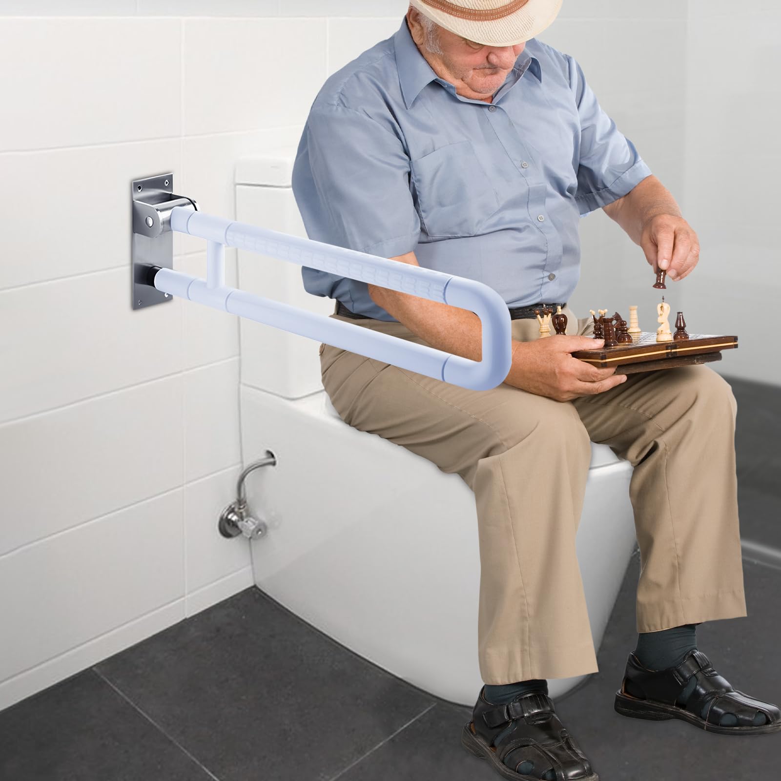 Asidero para inodoro para personas mayores, discapacitados, plegable, acero inoxidable, antideslizante, con una capacidad de carga de 226 kg, antideslizante con perfil estriado, función plegable 90°