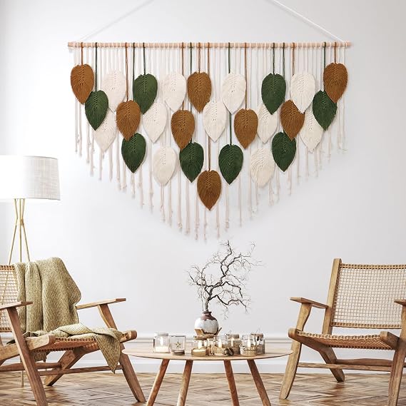 Weldomcor Large Wall Hanging Tapestry Macrame Leaf Wall Hanging Handmade Woven Tassel Wall Tapestry, Boho Wall Decor for Nursery Bedroom Living Room Gallery Background (Green, Khaki, 130.5 x 85.5 cm)