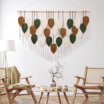 Weldomcor Large Wall Hanging Tapestry Macrame Leaf Wall Hanging Handmade Woven Tassel Wall Tapestry, Boho Wall Decor for Nursery Bedroom Living Room Gallery Background (Green, Khaki, 130.5 x 85.5 cm)