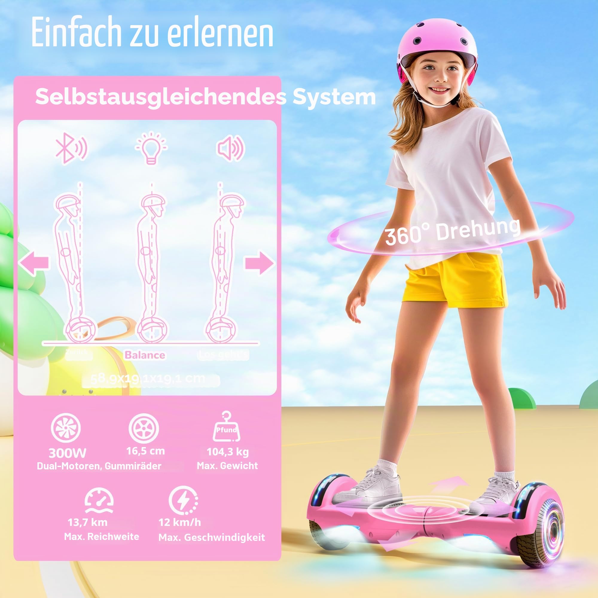 SISIGAD Hoverboard, Auto-équilibré Gyropode électrique 6.5 Pouce Hoverboard Hover Scooter Board avec Musique Bluetooth, lumières LED pour Enfants et Adolescents