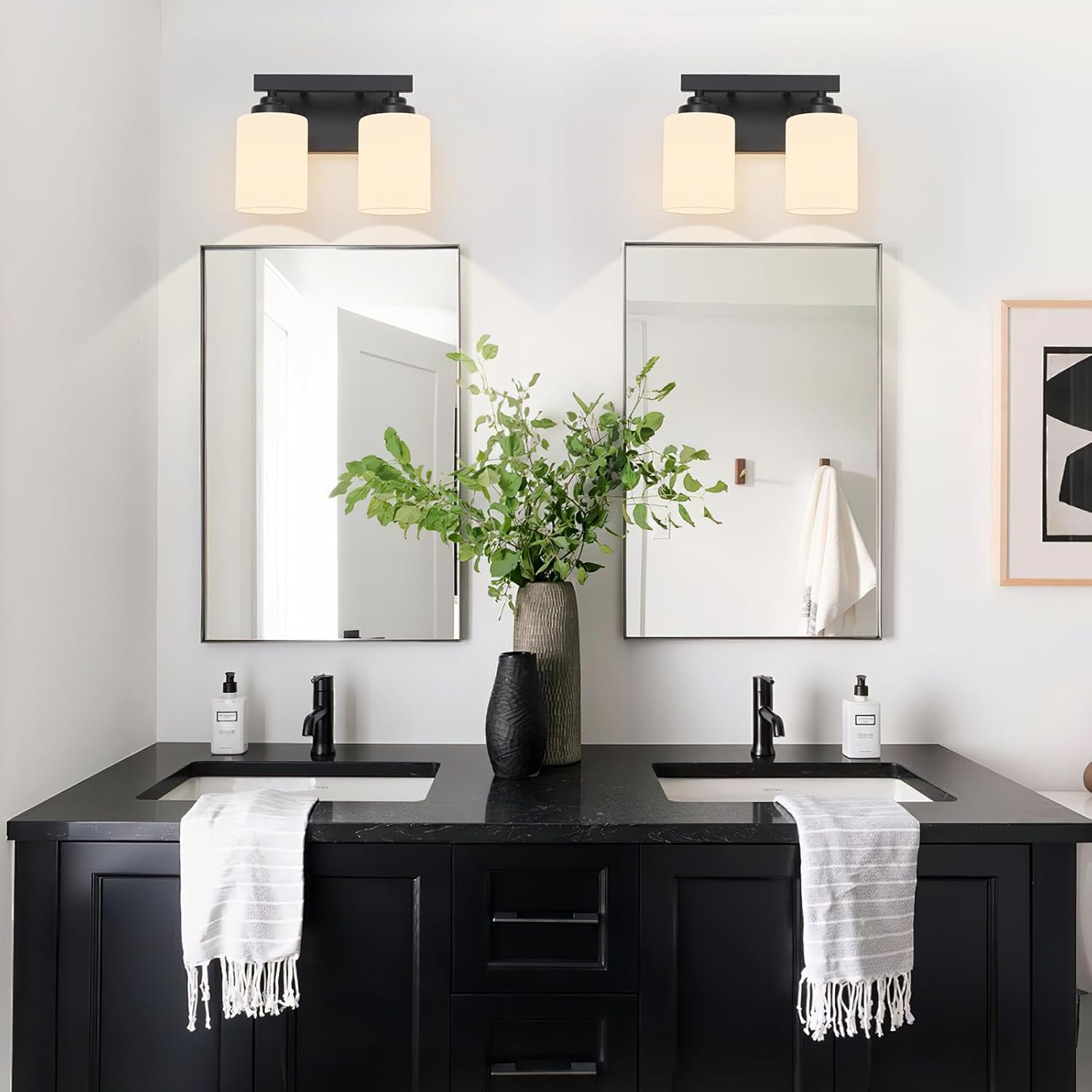 Bathroom Light Fixtures Over Mirror,2-Light Matte Black Wall Sconce Vanity Lights with Milk White Frosted Glass Shades for Bathroom,Vanity Lighting Fixtures for Bath