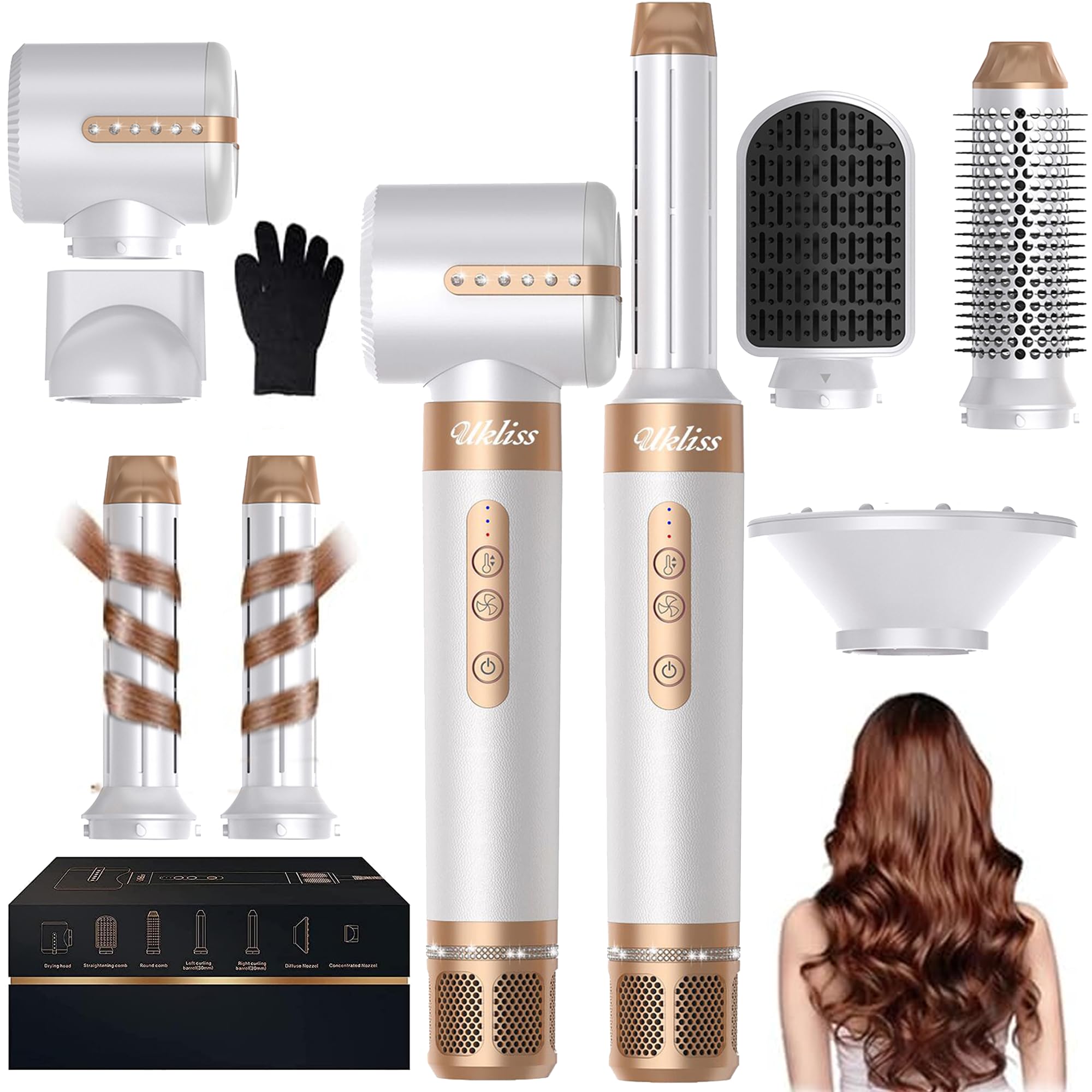 UKLISS Brosse Chauffante Brushing 7 in 1, Pro Hairstyler & 1400W SèChe-Cheveux avec Boucleur a Air, Brosse Lissante Chauffante, Thermal Brush, Airbrush Multistyler Cadeaux pour Femmes Styling