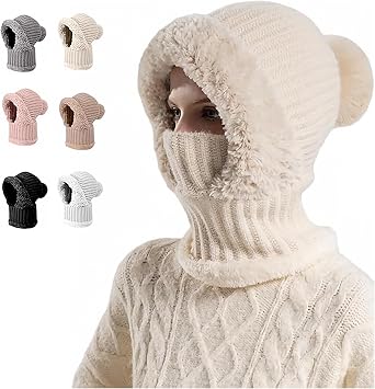 Womens Thermal Knit Hood 3 in 1 Autumn Winter Cold Resistant Hat Fleece Lined Neck Face Mask Hooded Scarf Windproof Snow Hat