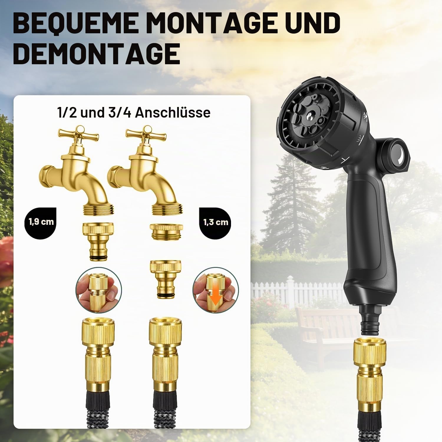 Flexibler Gartenschlauch 30m, Ultty Ausziehbare Garten Schlauch mit 10 Funktions Brause, Leichter Flexibler Garden Hose mit 3/4 und 1/2 Zoll Metallverbindung für Gartenarbeit, Waschen und Gießen