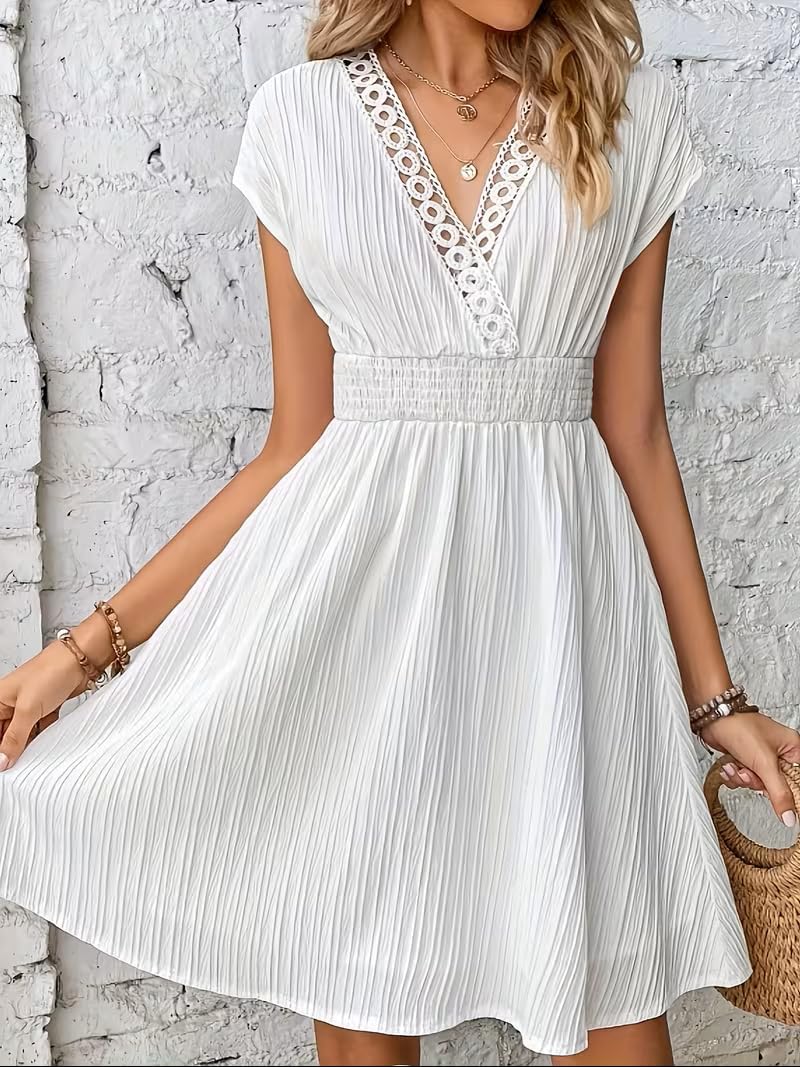 Women's Casual Elegant Dress V Neck Lace Trim Smocked Waist for Party Beach Vacation Dresses