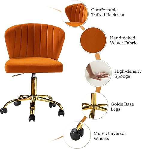 Miniatura 4 de TINA'S HOME Sillas de escritorio de oficina con ruedas y base dorada, moderna silla de oficina sin brazos de terciopelo, silla giratoria ajustable