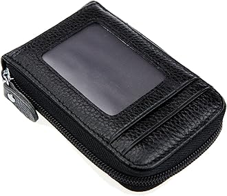 RFID Blocking Genuine Leather Mini Credit Card Case Organizer Compact Wallet with ID Window - Black