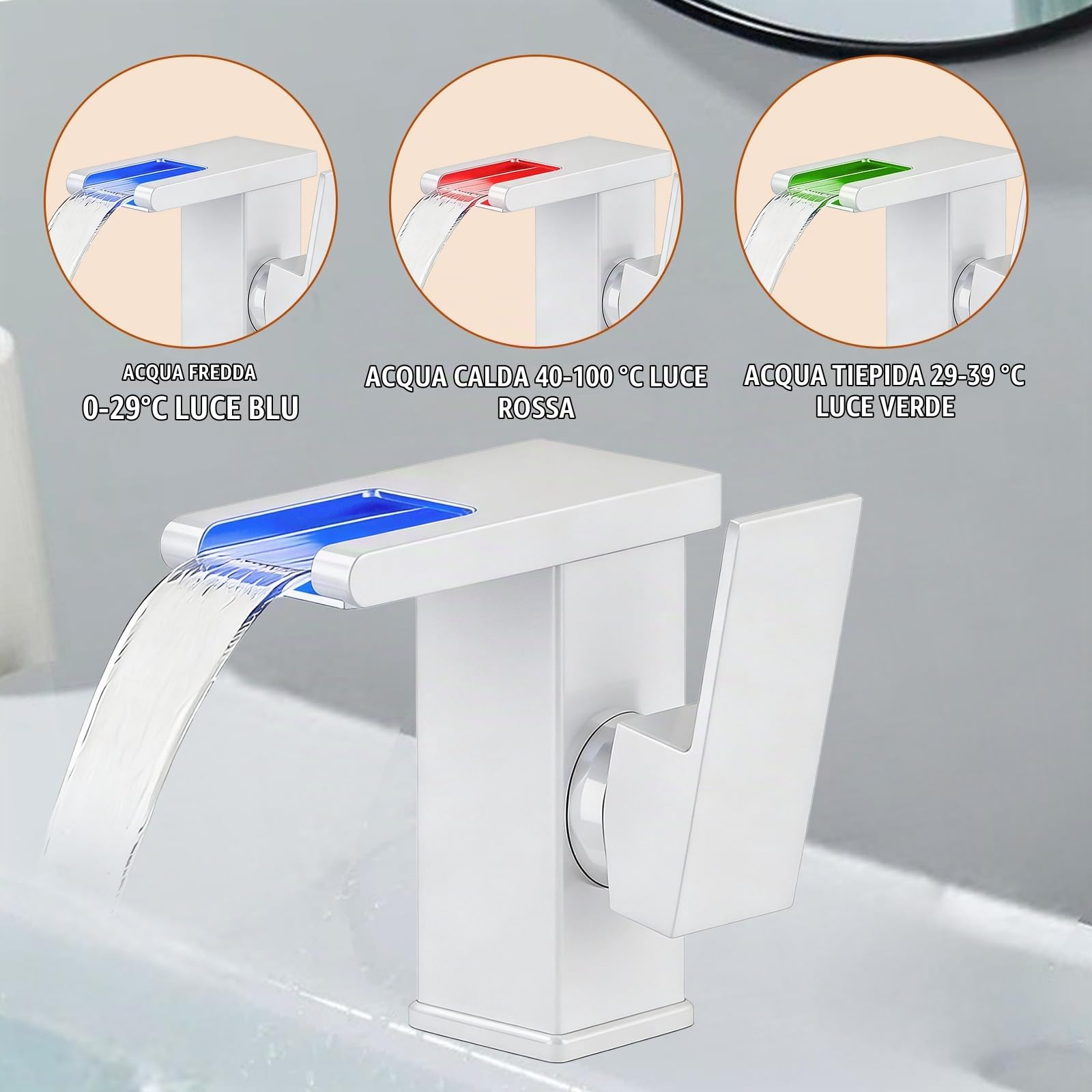 Rubinetto per Bagno con Luci LED, Cascata 3 Colori, Miscelatore Monocomando Acqua Calda e Fredda, Cromato, Moderno, Grigio, Tubi da 60 cm Inclusi
