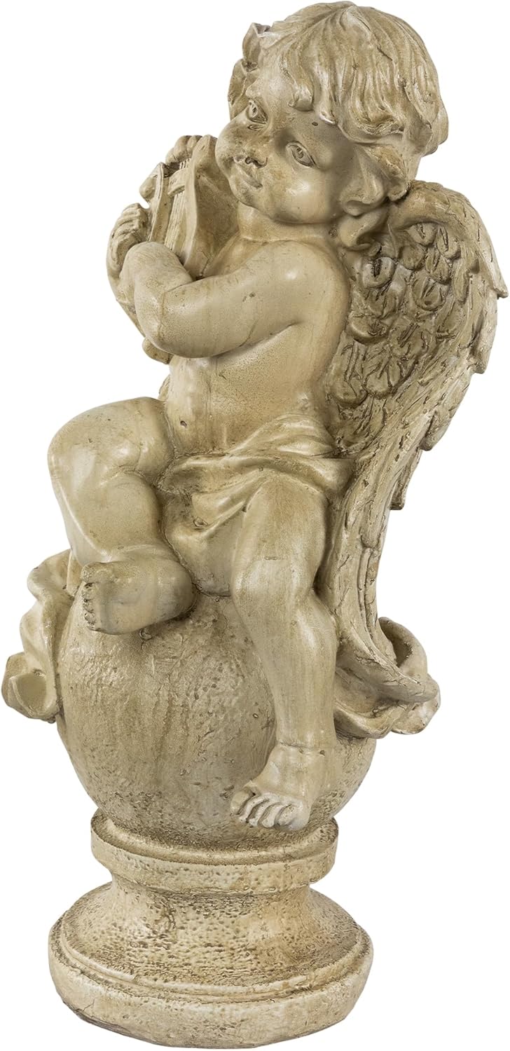 Northlight 12" Heavenly Gardens Distressed Almond Brown Cherub with Lyre Outdoor Patio Garden Statue