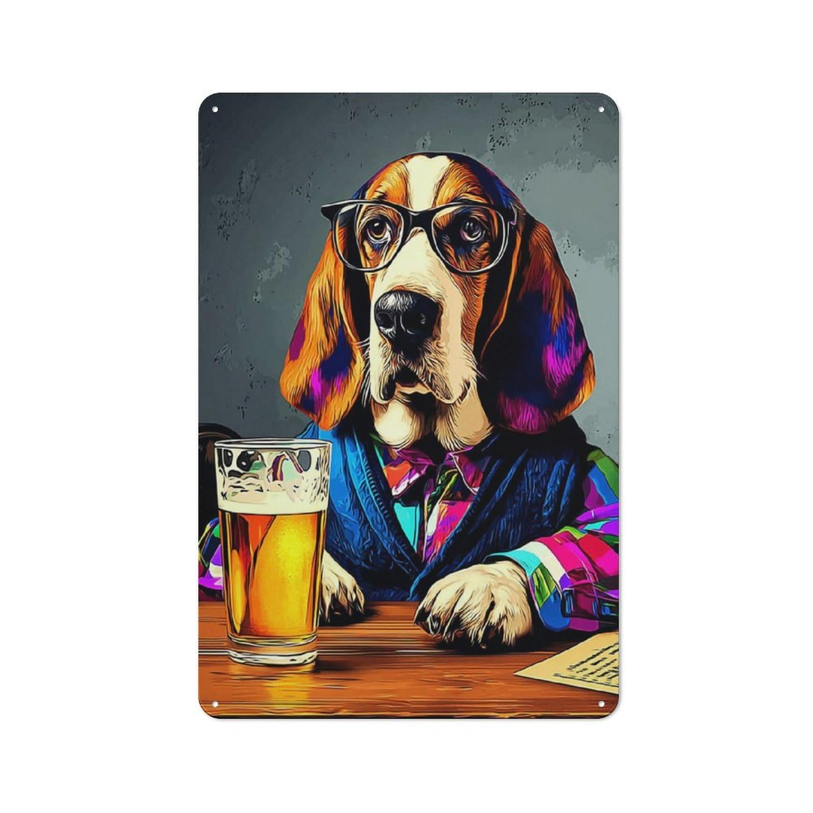 Junmoney Dog In Glasses Enjoying Beer Retro Metal Sign 30X20cm For Living Room Or Hallway, For Updating Living Room And Hallway After Moving