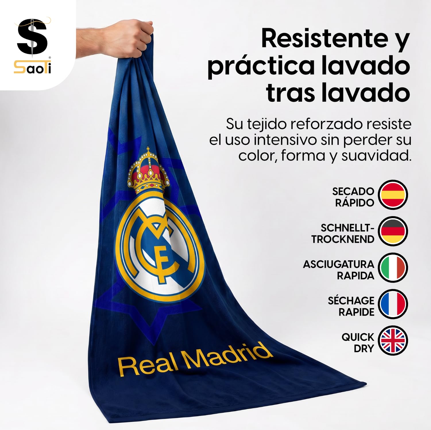 SaoTi Toalla Baño Grande Algodón 320g 75x150 cm - Toallas Ducha Ultra Absorbentes Gimnasio - Toallas Playa Fútbol Equipo Merengue Secado Rápido Adulto