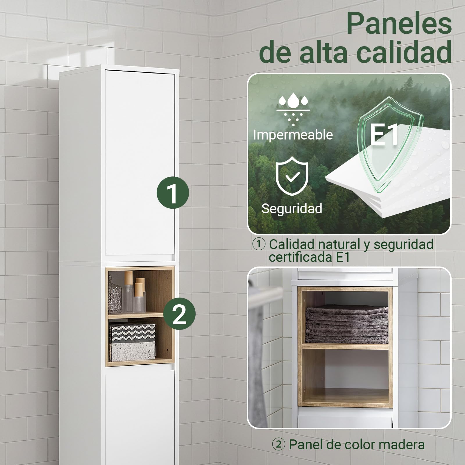 SoBuy Mueble Baño Estrecho con Puertas y Baldas Abiertas 30x170x30 cm | Armario Estrecho y Alto Blanca de MDF/PB Mueble Auxiliar Baño con Estantes Ajustables para Almacenaje BZR147-W