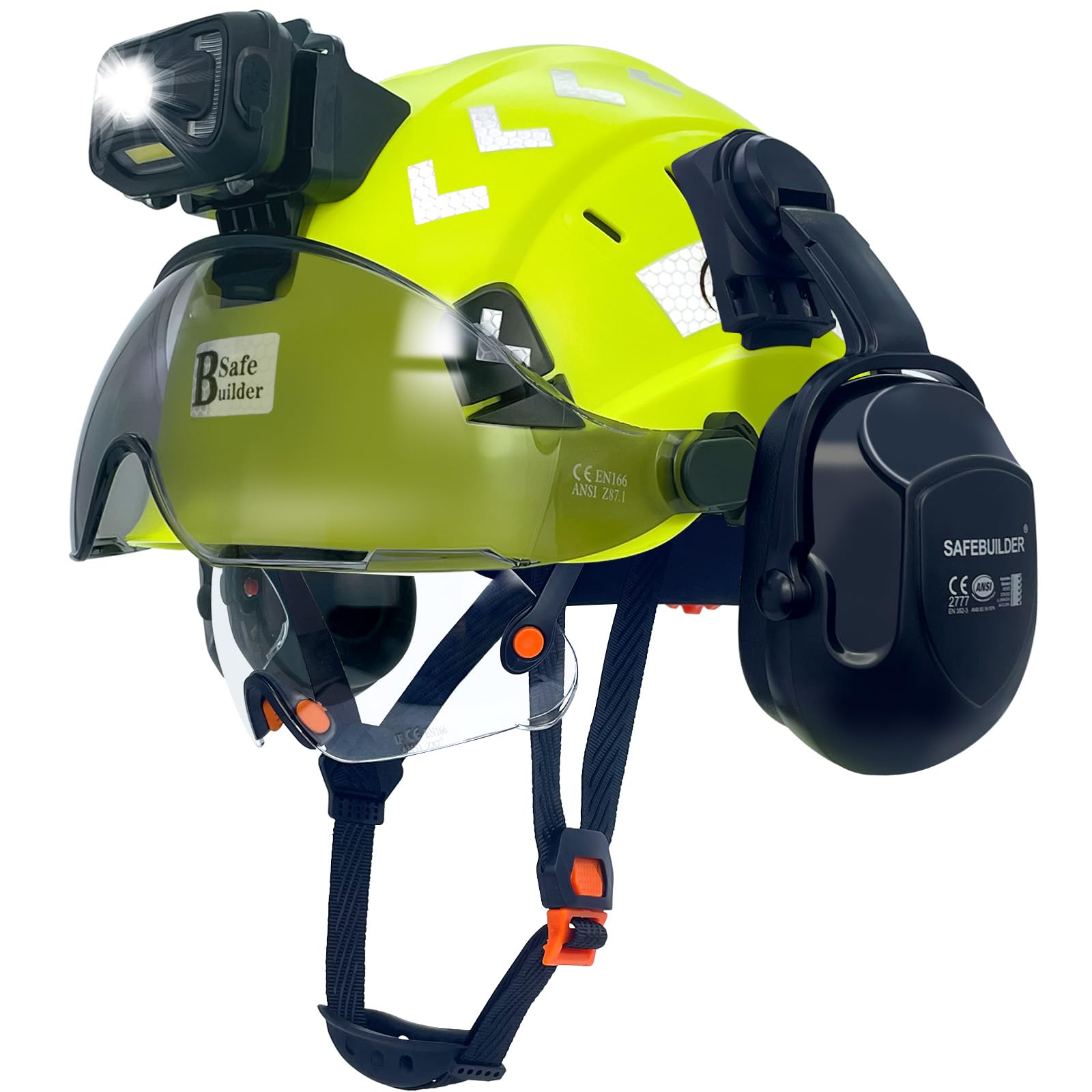 Hard Hats with Visor and Headlight Ear Muffs Lightweight Vented Safety Helmet Headlamp for Construction Industrial Outdoor Work ANSI Z89.1 Approved (Fluorescent Yellow+CSV+B07+SHL01)