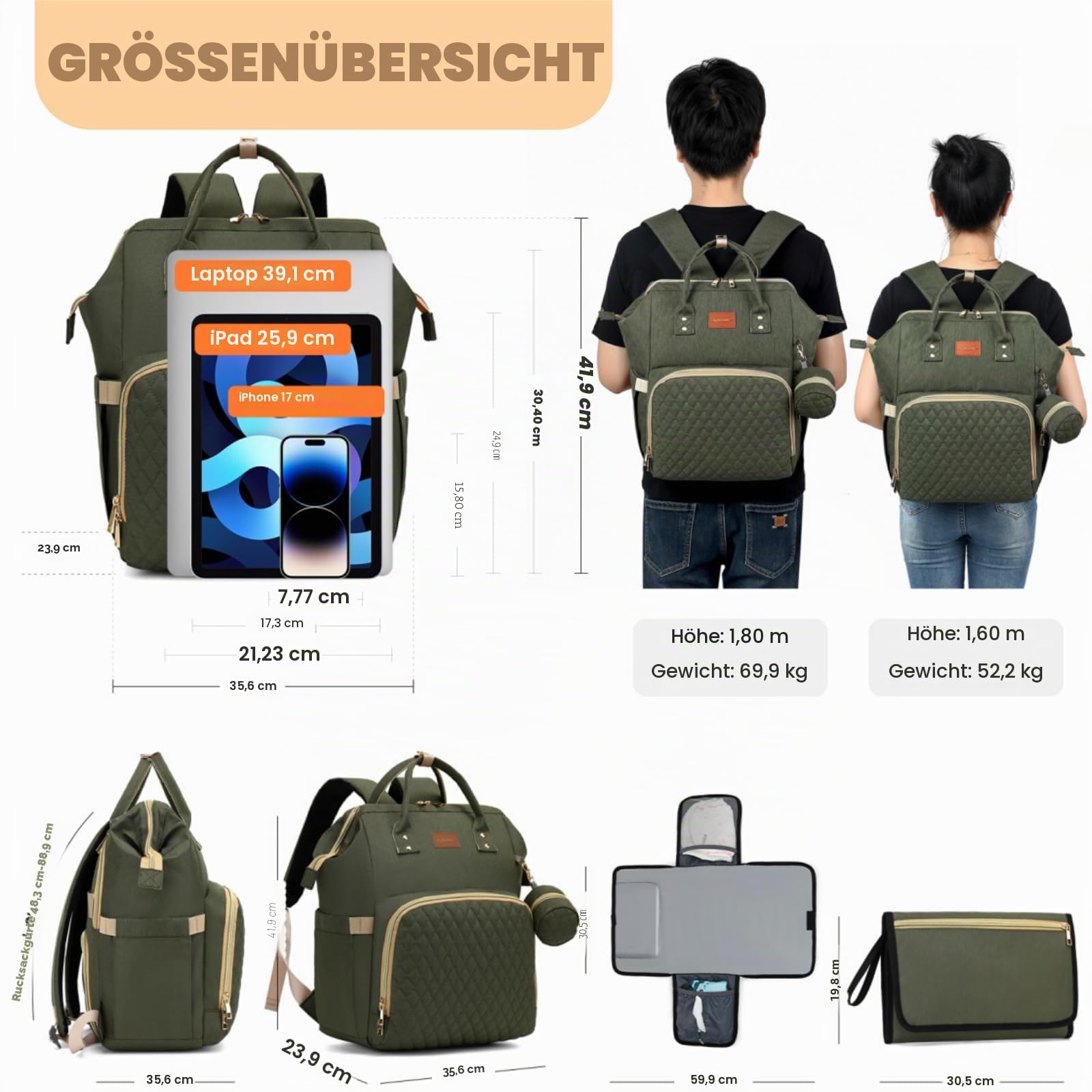 ROSEGIN Wickelrucksack Groß - Baby Wickeltasche Rucksack Wasserdicht & Leicht mit Wickelunterlage, Schnullertasche & Kinderwagenhaken - Diaper Bag Babytasche für Mama & Papa