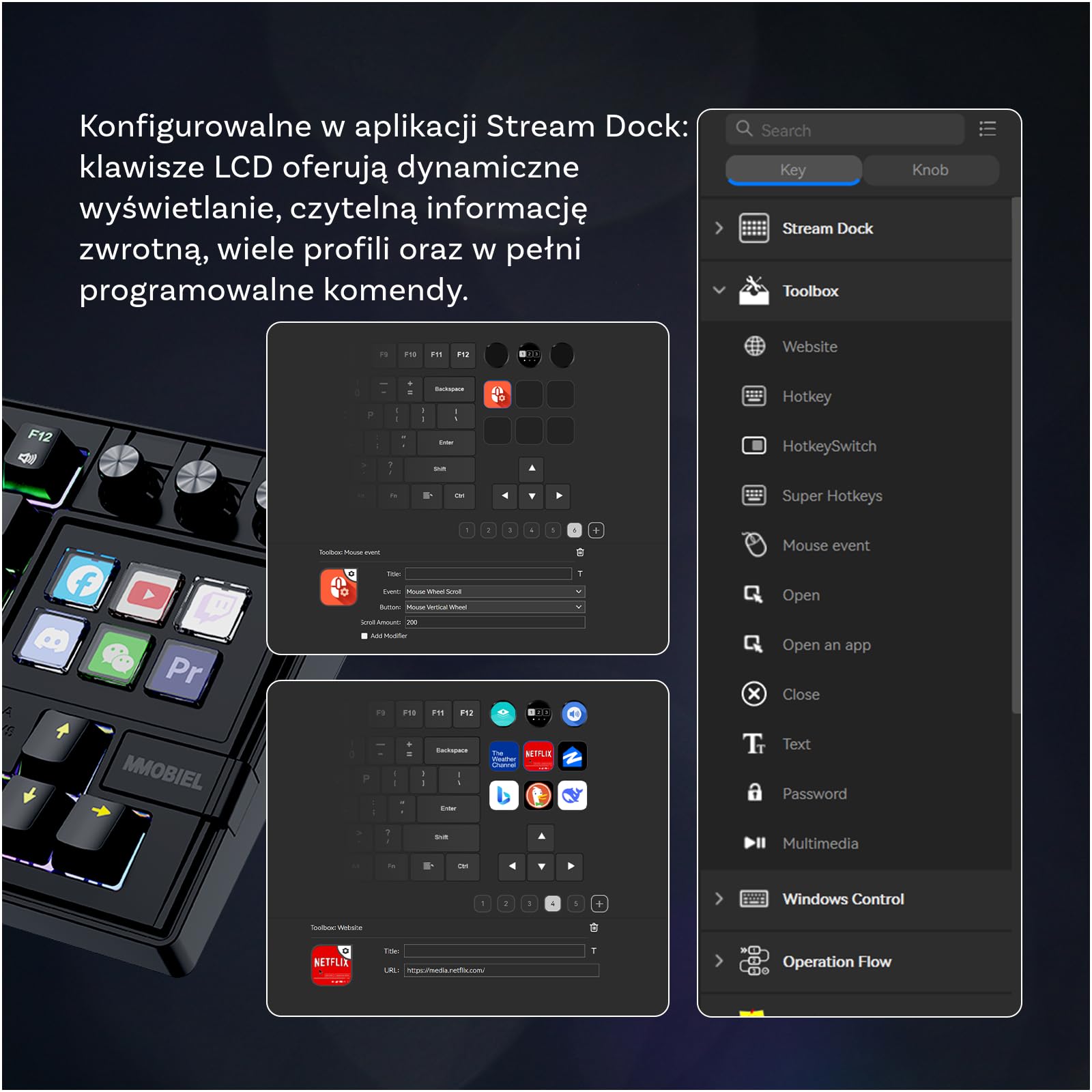 Mechaniczna Klawiatura do Stream Deck firmy MMOBIEL – QWERTY RGB, Hot-Swappable, 6 Programowalnych Klawiszy LCD i 3 Pokrętła Sterujące do OBS, Streamingu, Montażu, Produktywności – do Windows/macOS