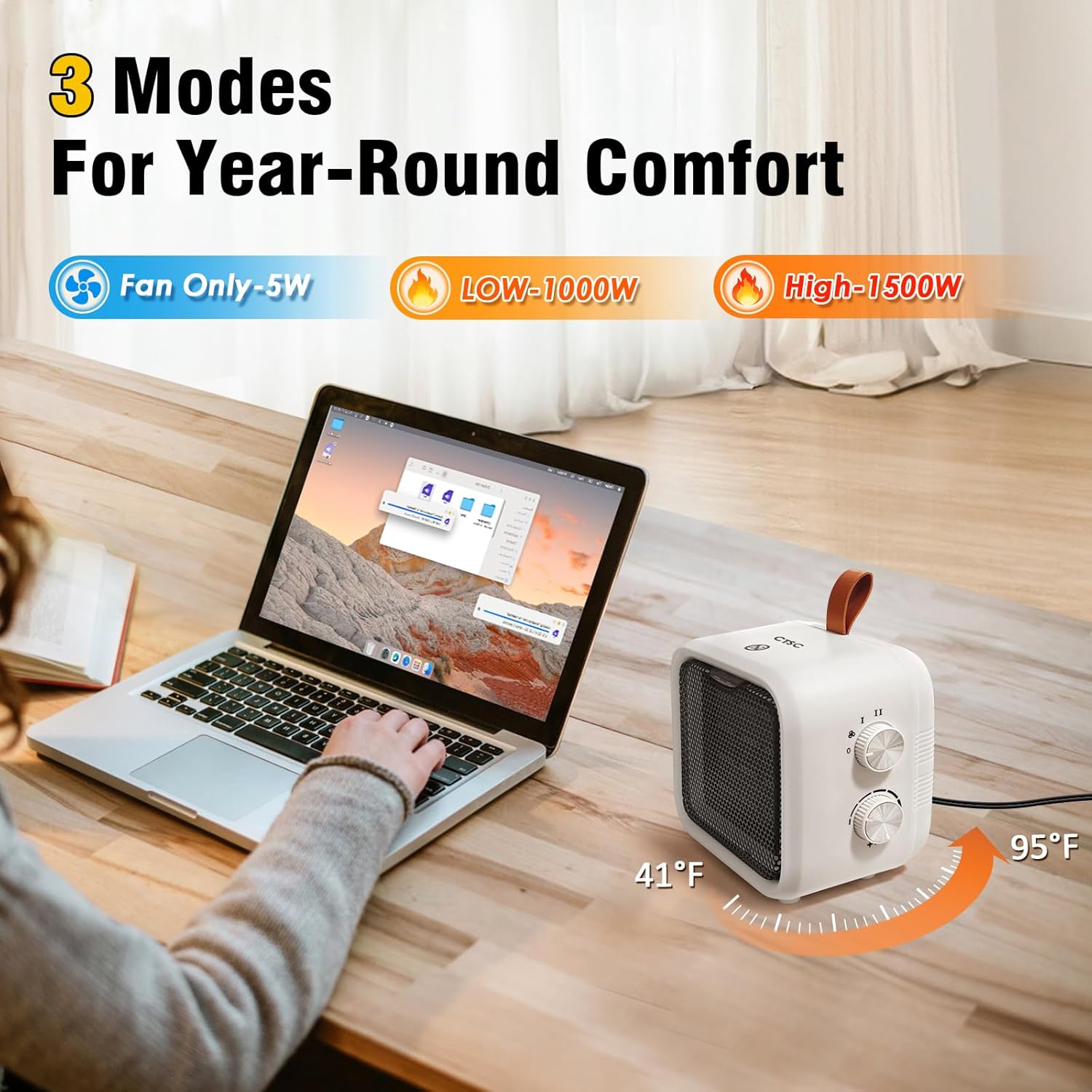 CTSC Space Heater, 1500W Space Heaters for Indoor Use with Thermostat, High-efficiency PCT heating material, Safe and Quiet Portable Heater with Heating and Fan Modes for Bedroom, Home and Office