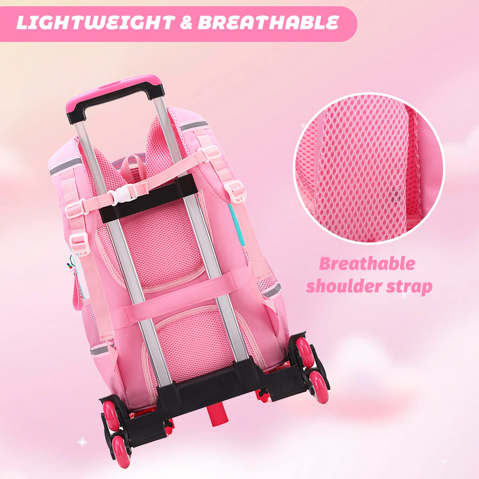 Tanou Cartable a Roulette Fille, 16 Pouces Légers Sac a Roulette Fille Primaire, Détachable Cartable Roulettes Enfant pour Voyages Scolaires, 4-9 Ans, Violet Rose