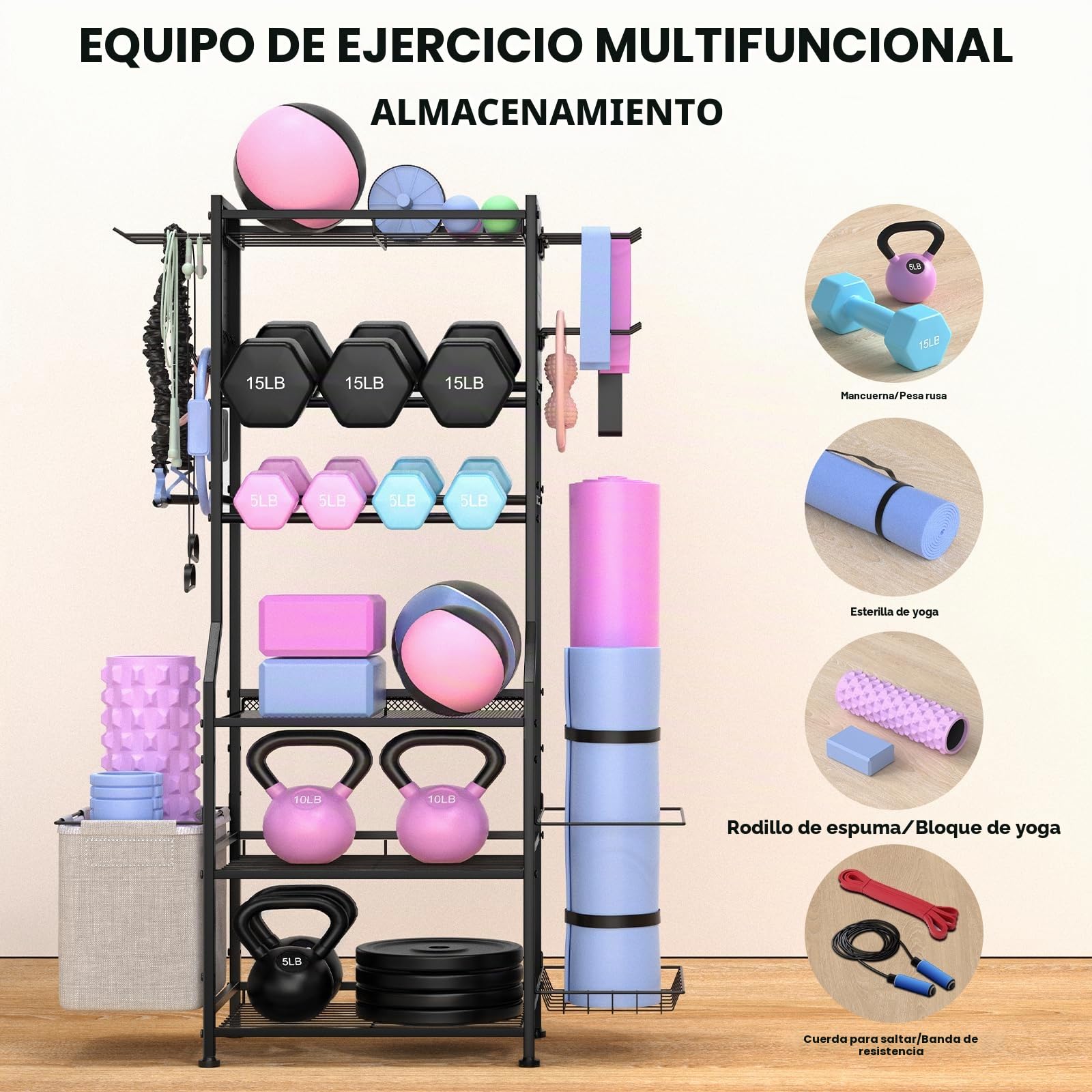 Estante para mancuernas, almacenamiento de gimnasio en casa para pesas rusas, esterilla de yoga y equipo de entrenamiento de fuerza, estante de pesas con organizador de tablero de clavijas