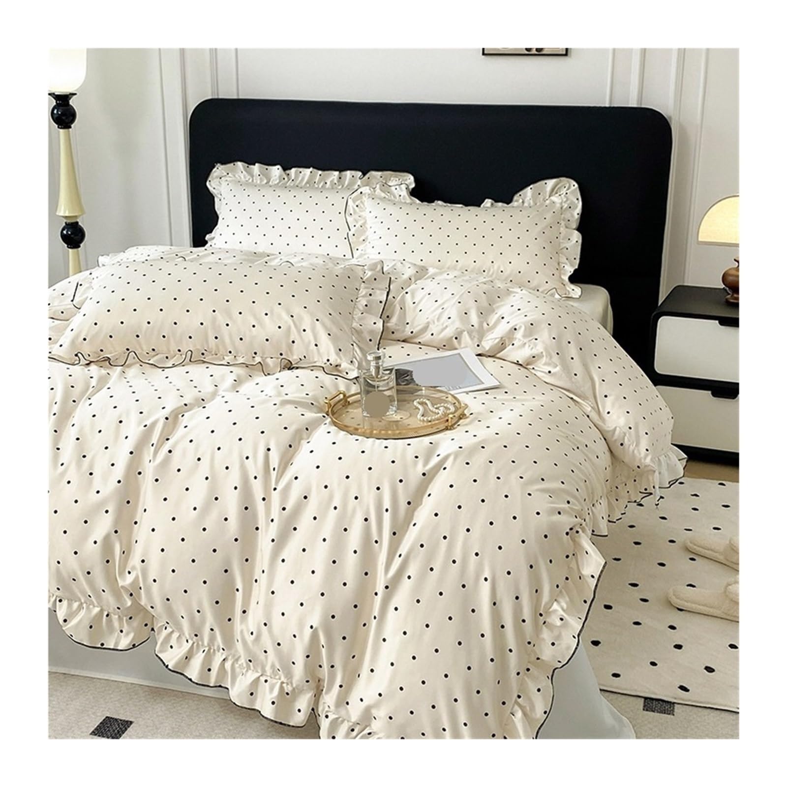 ZHSOAO Lace Duvet Cover Set Dot Print Bedding Ruffles Bed Sheet Pillowcases for Bed(Beige 2,200x230cm 4pcs)