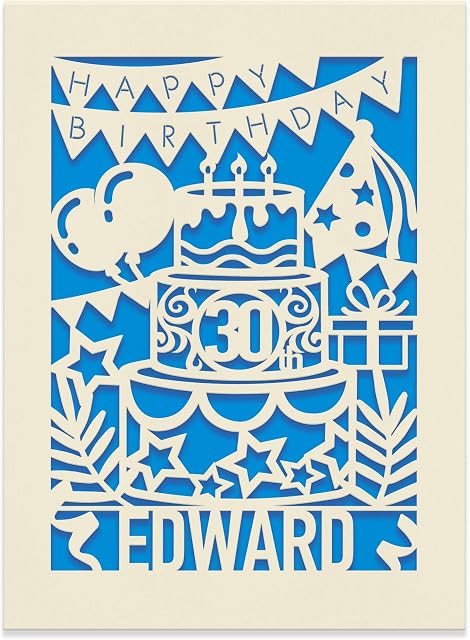 EDSG Personalised Happy Birthday Card | Laser Paper Cut Greeting Card | Custom Any Name Any Age Birthday Card | Lovely Gift for Kids and Adults with Envelope Hand Finished in UK (Baby Blue)