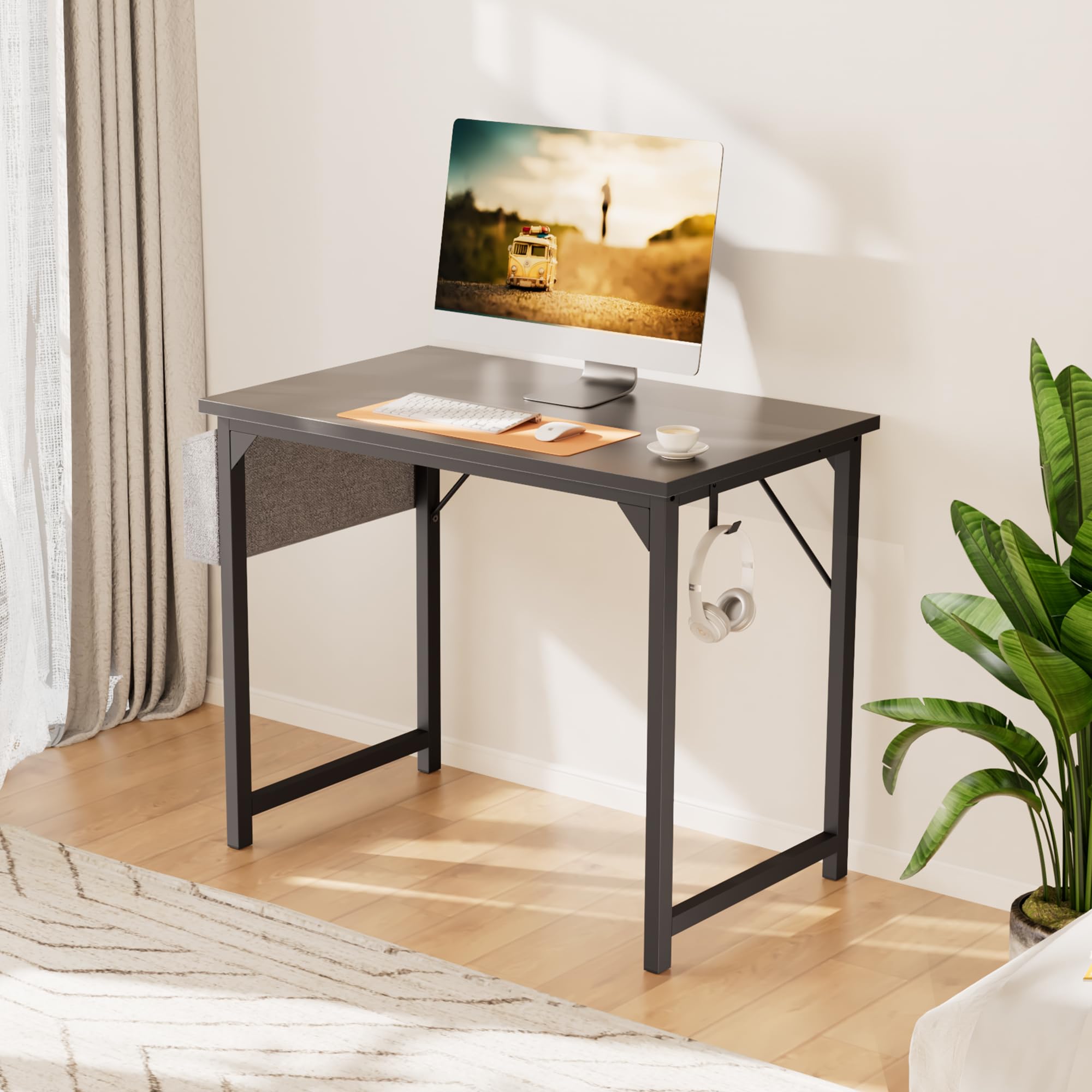NEWBULIG Home Office Schreibtisch mit Ablage & Kopfhörerhaken Einfacher Moderna postazione di Lavoro, Nero, 33 inch