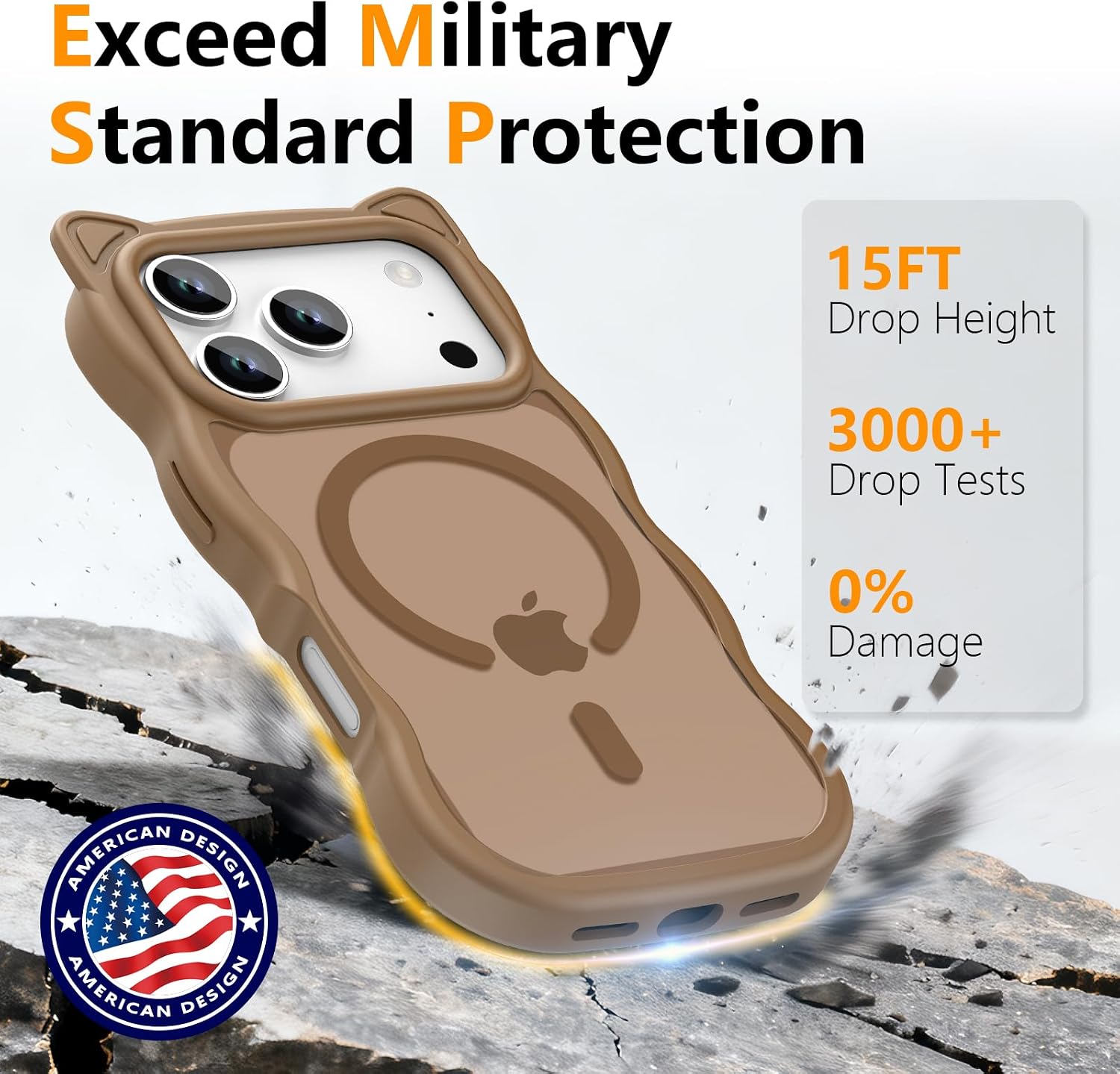 3 in 1 Magnetic for iPhone 17 Pro Case for Women Girls,1X Screen Protector+1X Camera Lens Protector,Compatible with MagSafe,Translucent Matte,Cute Cat-Ear Wavy Phone Case,6.3",Brown