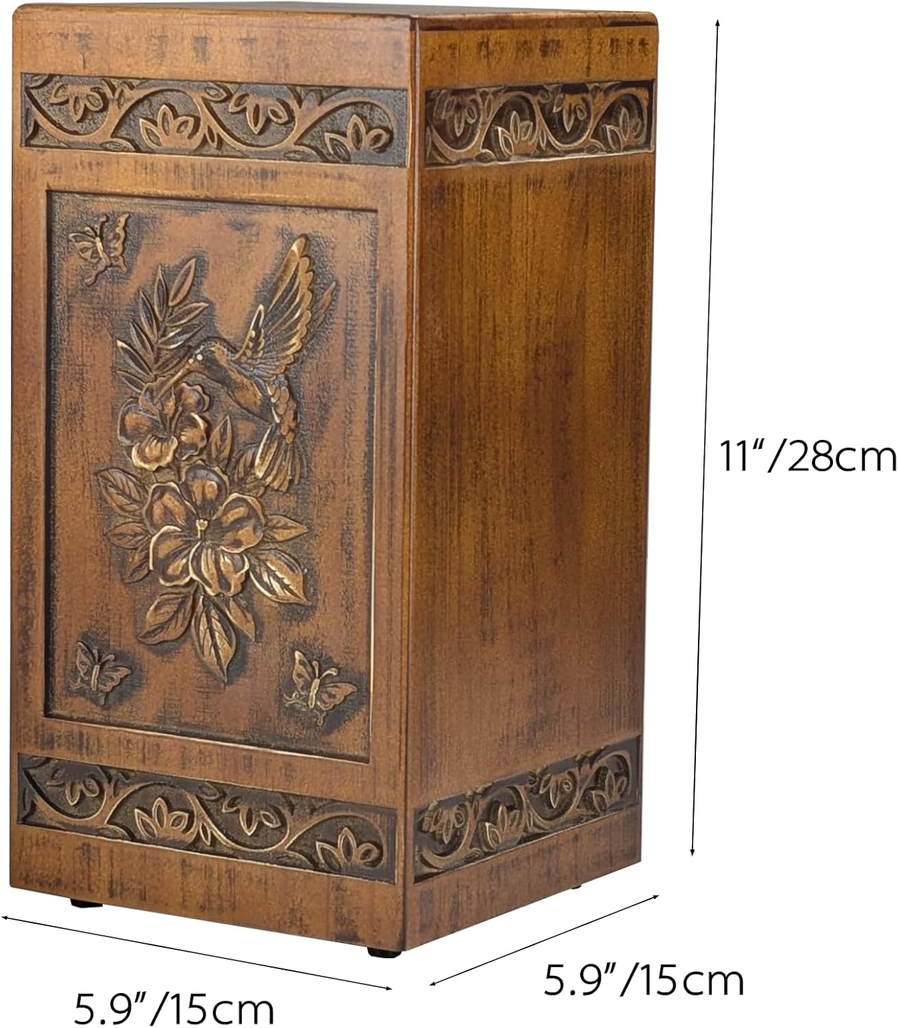 Hand-Engraved Wooden Urn | Adult Cremation Urn | Hummingbird Design | 250 Cubic Inches | Includes Black Satin Bag - Image 2