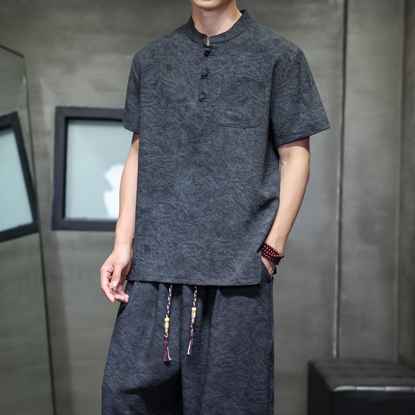 Men's Chinese Style Vintage 2 Piece Set Lightweight Ice Silk Tang Suit Short Sleeve T-Shirt Outfit