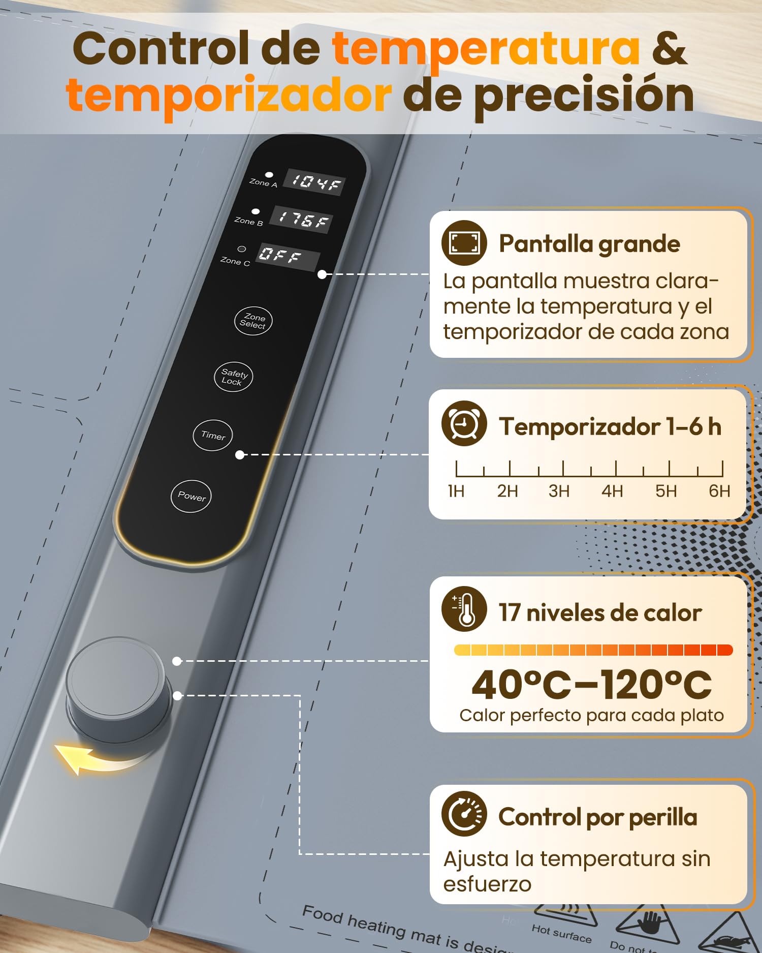 Bandeja de Calentamiento de Silicona 101×43 Cm, Bandeja Calienta Platos de 3 Zonas Independientes con 17 Temperatura de 1–6 Horas, Eléctrica Bandeja Calentadora de Comida para Buffets y Fiestas