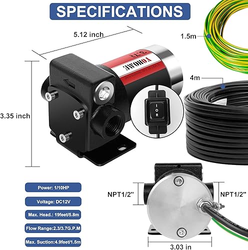 Miniatura 2 de Bomba de transferencia de gasolina YOHOME DC 12 V, bomba de transferencia de combustible de hierro fundido de doble vía, estabilidad de