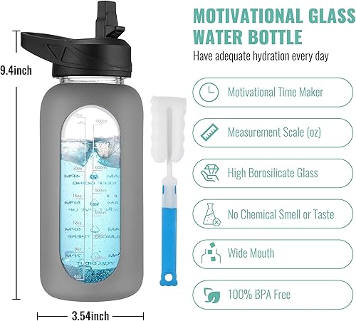 Miniatura 2 de CIVAGO Botella de agua de vidrio de 32 onzas con popote y asa, botella de agua motivacional deportiva grande con marcador de tiempo y 2 tapas, jarra