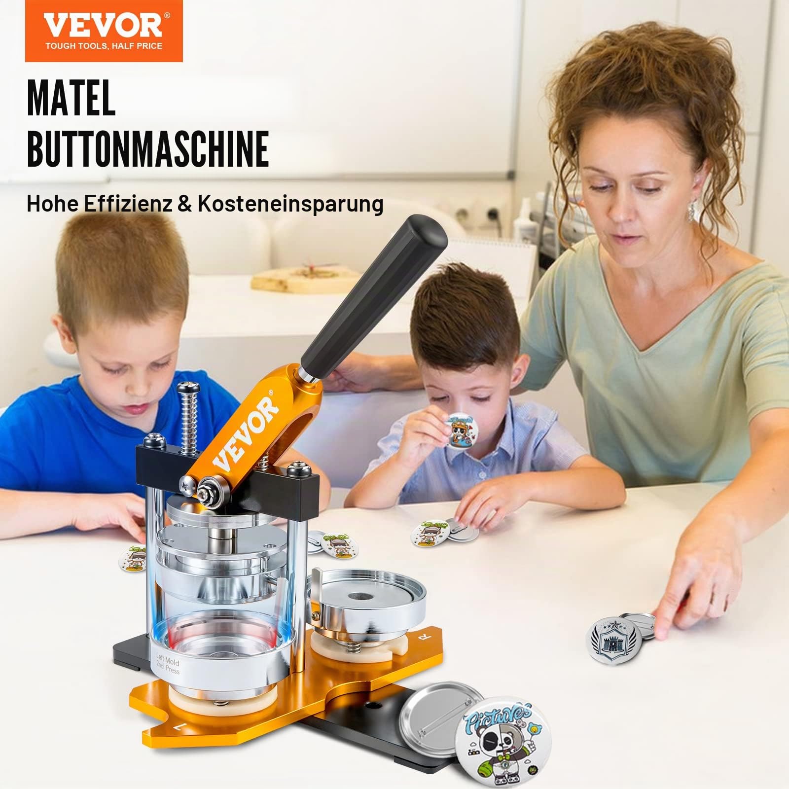 VEVOR Knopfmacher-Maschine, 75 mm Größen Abzeichen-Stanzer-Set, Kinder DIY Geschenke Pin Maker, Knopfherstellung Zubehör mit 100 Stück Knopfteilen & Kreisschneider & Zauberbuch
