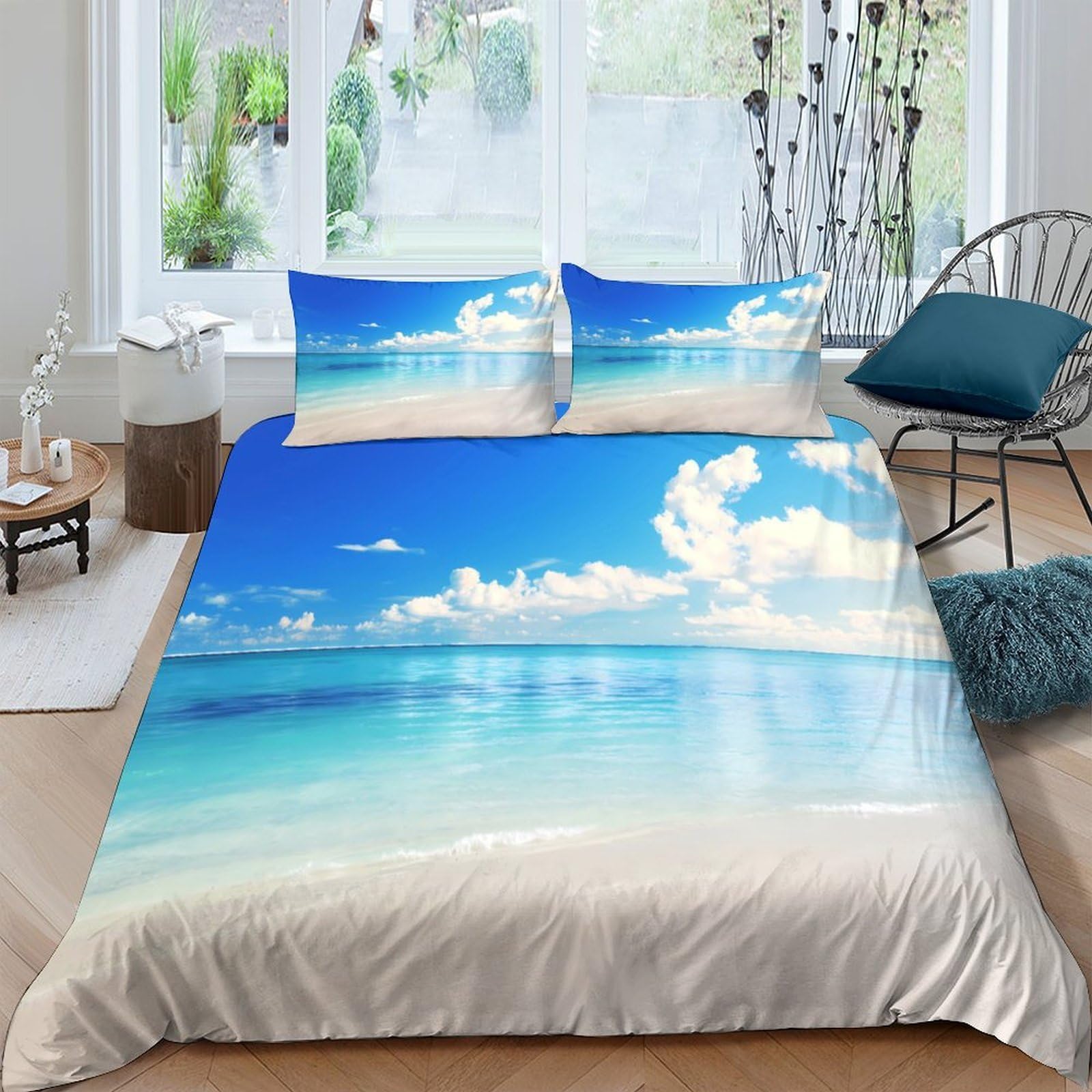 Ctjqhvkz Style-4 3D Printed Ocean Beach Fitted Sheet Microfiber Soft Blue Sky Mattress Cover For Bedroom Living Room Decor Single（135X200cm）