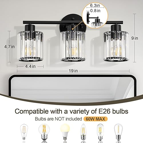 Miniatura 2 de Lámparas de baño de cristal, accesorios de iluminación de baño sobre el espejo, modernas luces negras de tocador de 3 luces para espejo, baño,