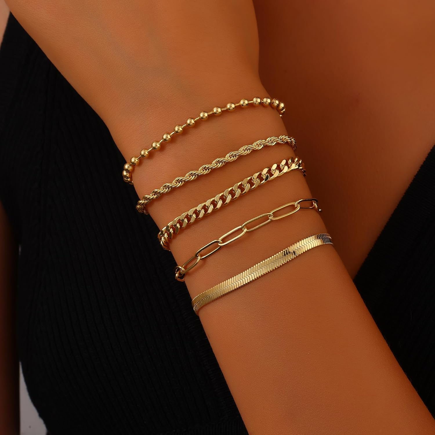 Gold Bracelets for Women, 18K Gold Plated Dainty Paperclip Link Chain Bracelets Thin Cute Stackable Bracelet Pack Fashion Accessories Gifts for Women - Image 3