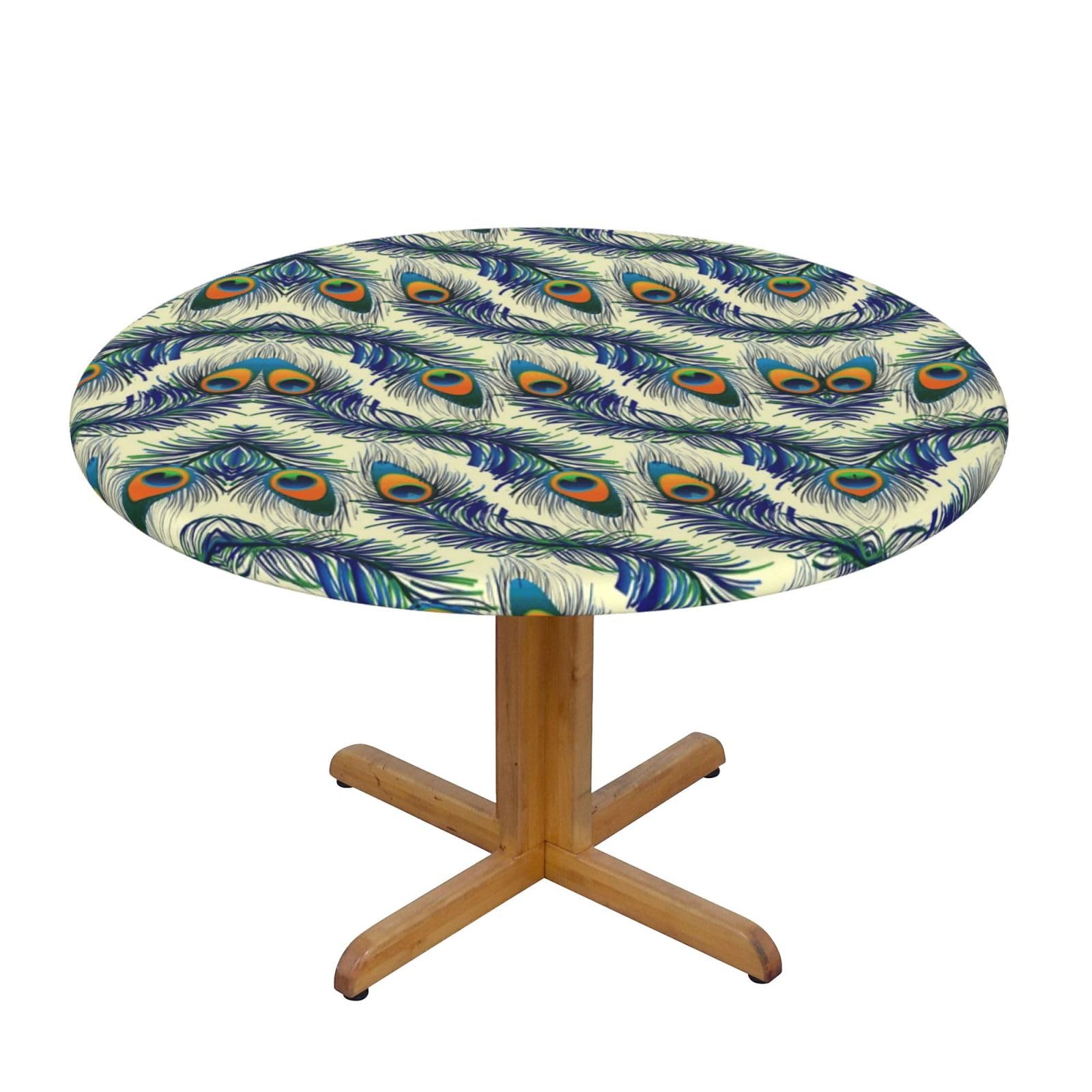 ESNAIUVCD Peacock's Feather print Waterproof Round Tablecloth,Outdoor Table Cloth with Elastic Edged, Elastic Tablecloth Wipeable, Garden Table Cloth Suitable for sizes 90cm-140cm