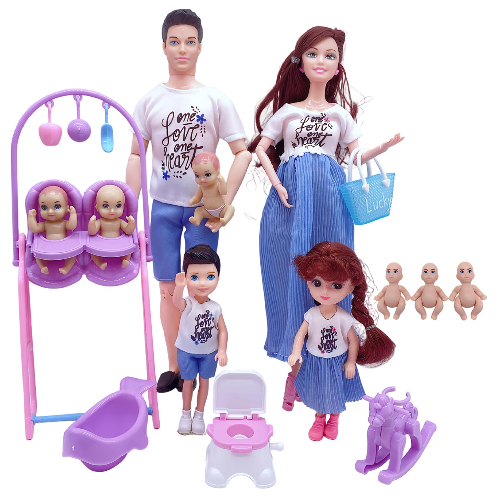 Pregnant Doll Set with Baby in Tummy, Dad & 5 Kids, Safe Pregnant Mother Set, 7 People with Dollhouse Accessories Pretend Play Toy for Kids