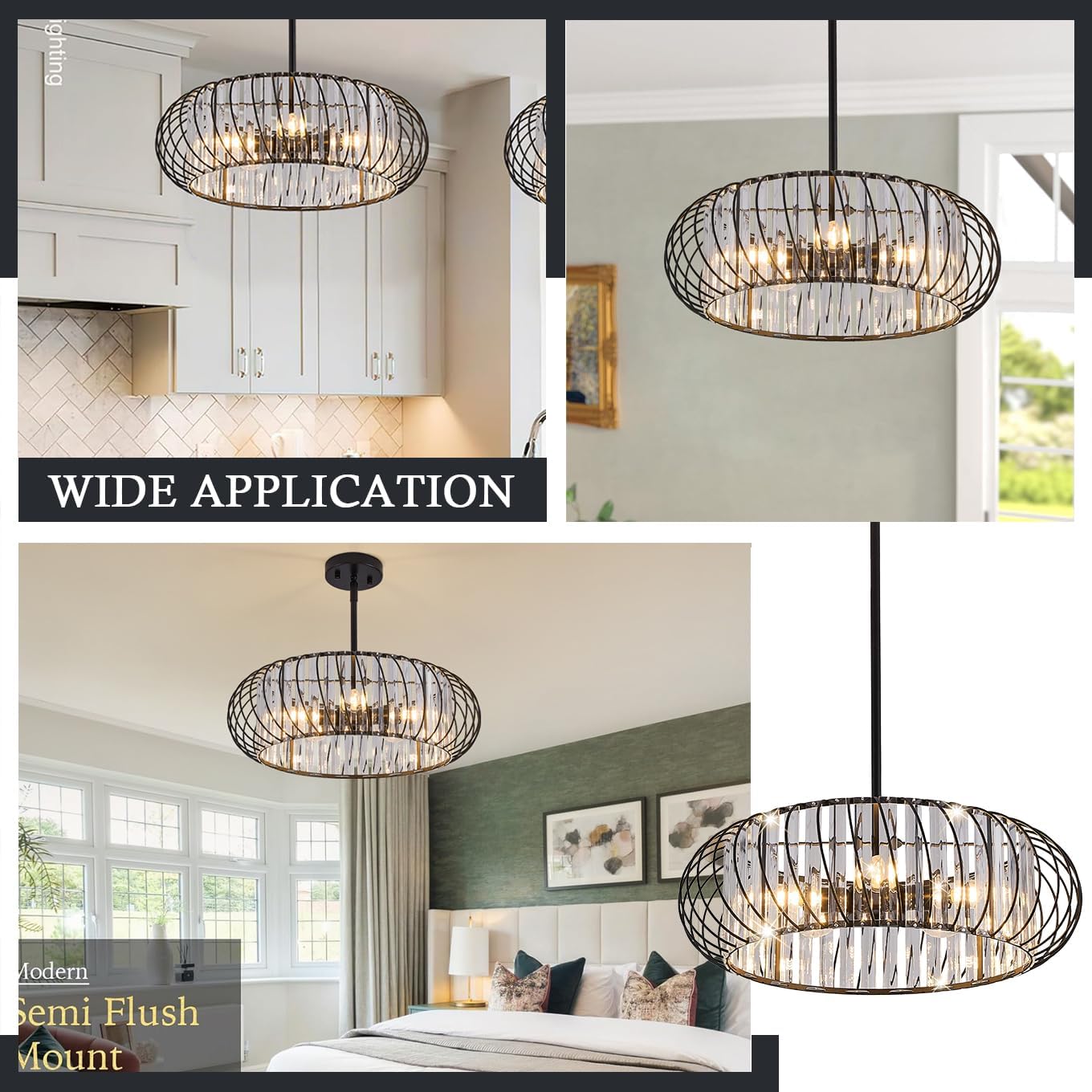 5-Light Semi Flush Mount Ceiling Light, Metal Cage Hallway Ceiling Lamps, Farmhouse Ceiling Light Fixture, Industrial Crystal Chandelier for Corridor Bathroom Kitchen (Black, 19 Inch)