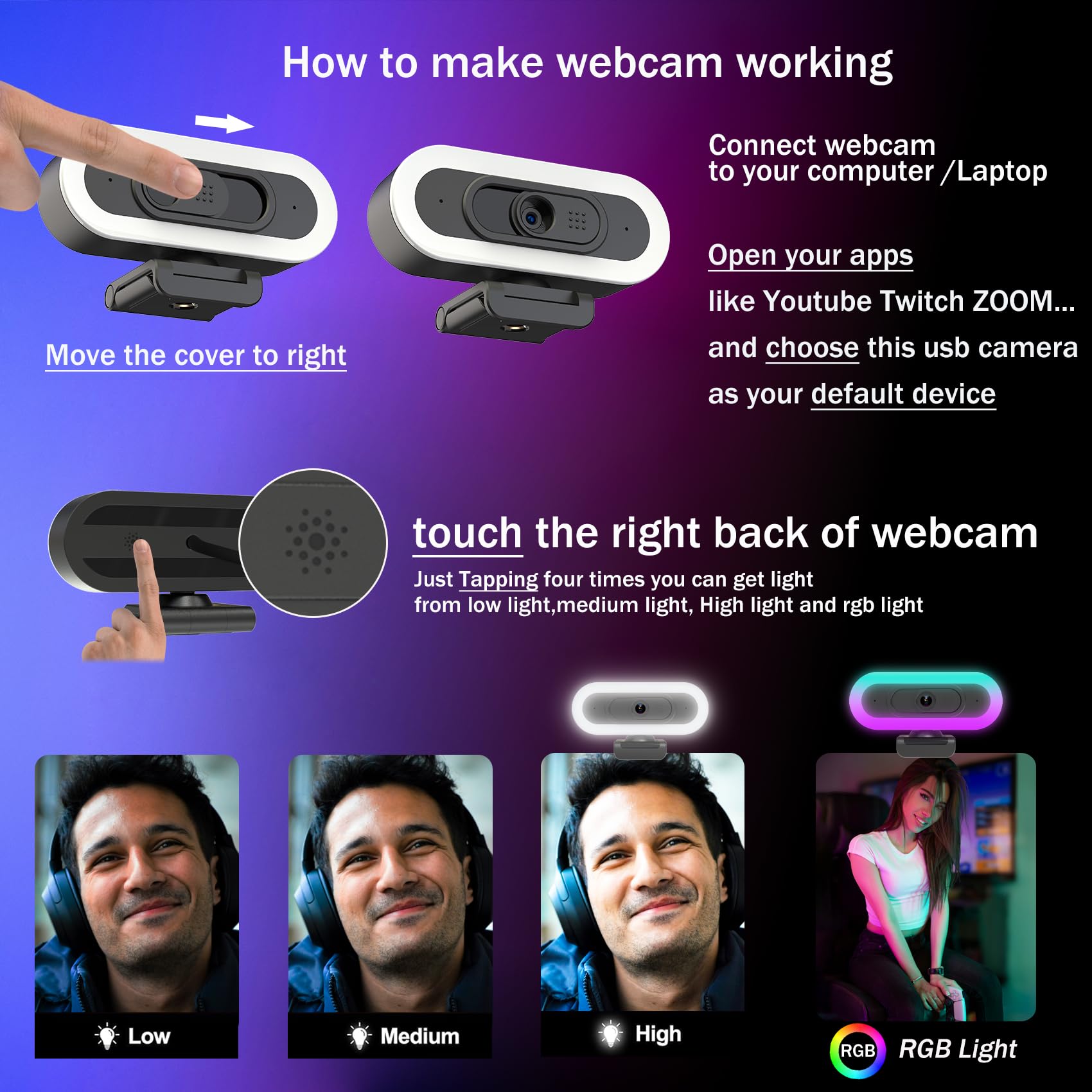 Cámara web para PC de 2 K, cámara web profesional con micrófonos duales, relleno de luz RGB y trípode, enfoque automático, FOV de 65 °, Plug and Play, Web Comera para computadora de