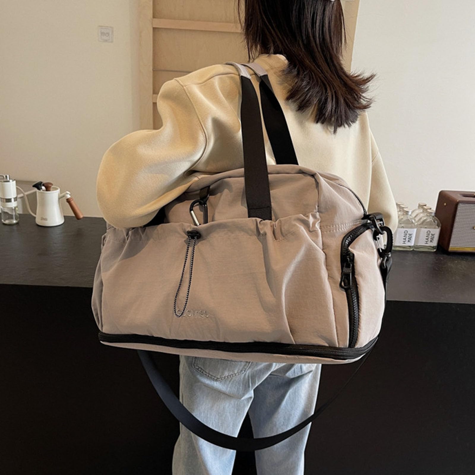 Wasserdichte Reisetasche, erweiterbar, für Fitnessausrüstung, Schwimmzubehör und Ausflüge, erweiterbare Sporttasche, khaki, Mass Beauty
