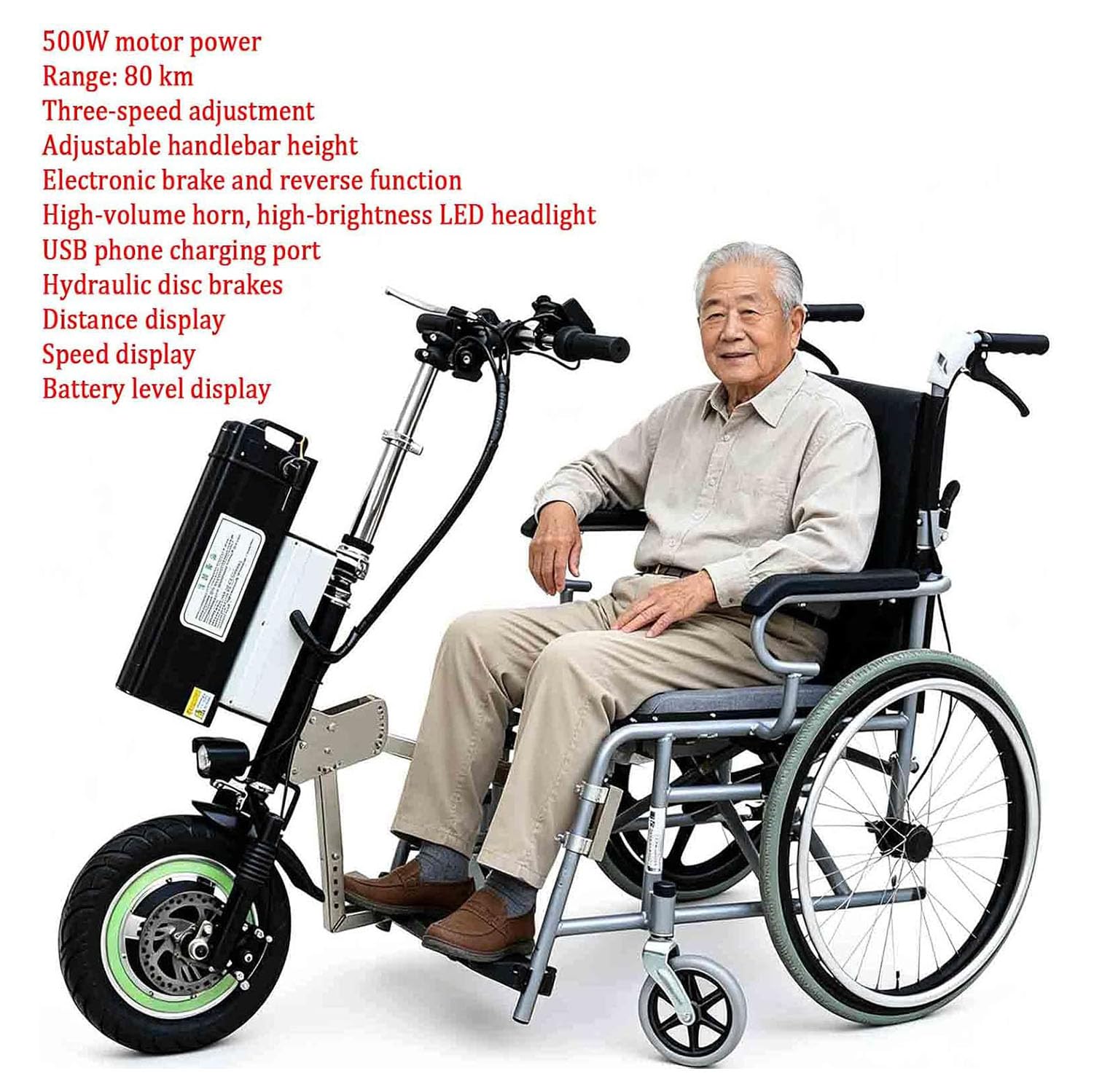 Dispositivo de tracción para Silla de Ruedas de 500 W (Manillar y estabilizadores mejorados), 3 velocidades con luz Delantera y Amortiguador,batería de 48 V, 15/17 Ah,001,A15ah/65KM