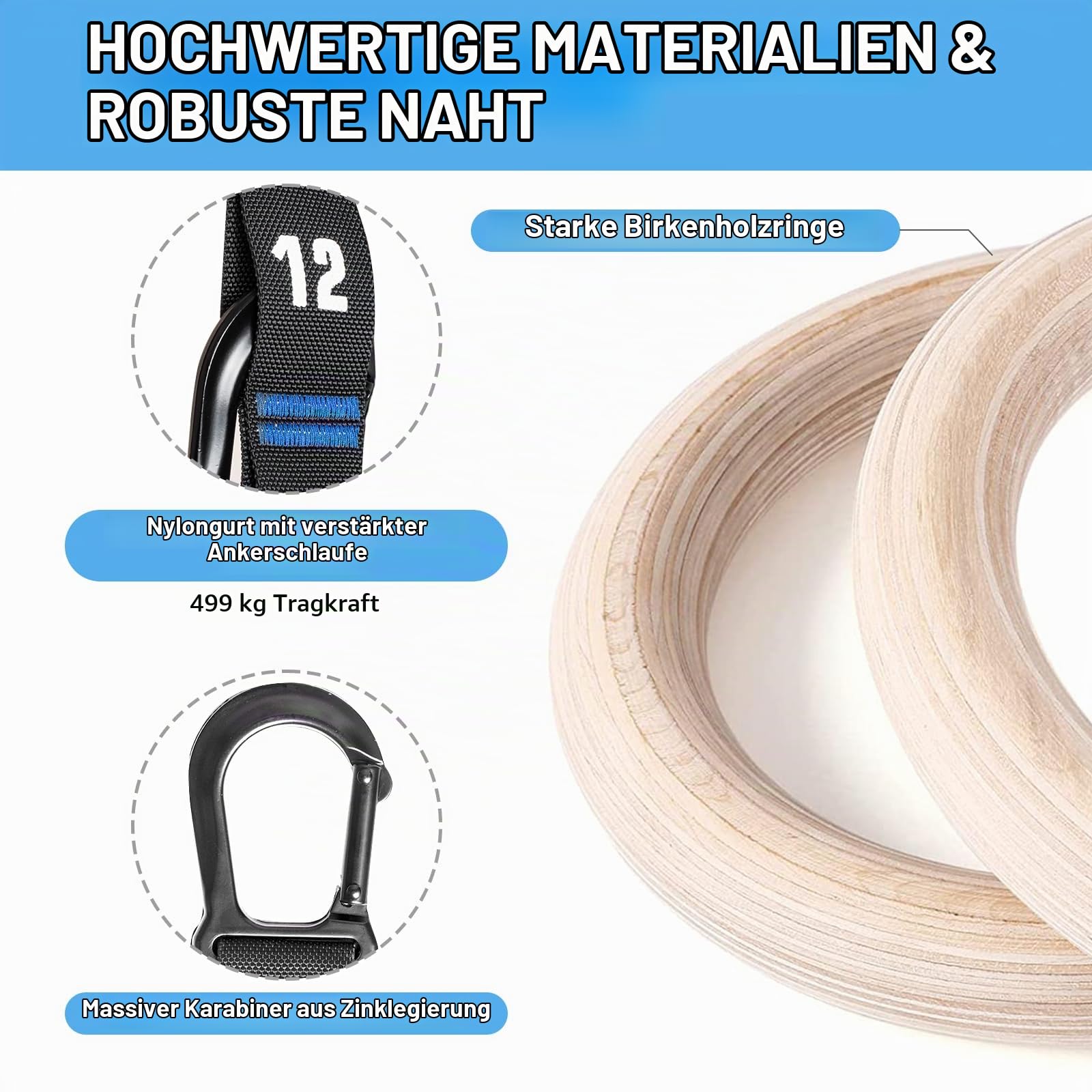 Wooden Gymnastics Rings with Adjustable Numbered Straps Olympic Rings, 1.25'' or 1.1" Gym Rings
