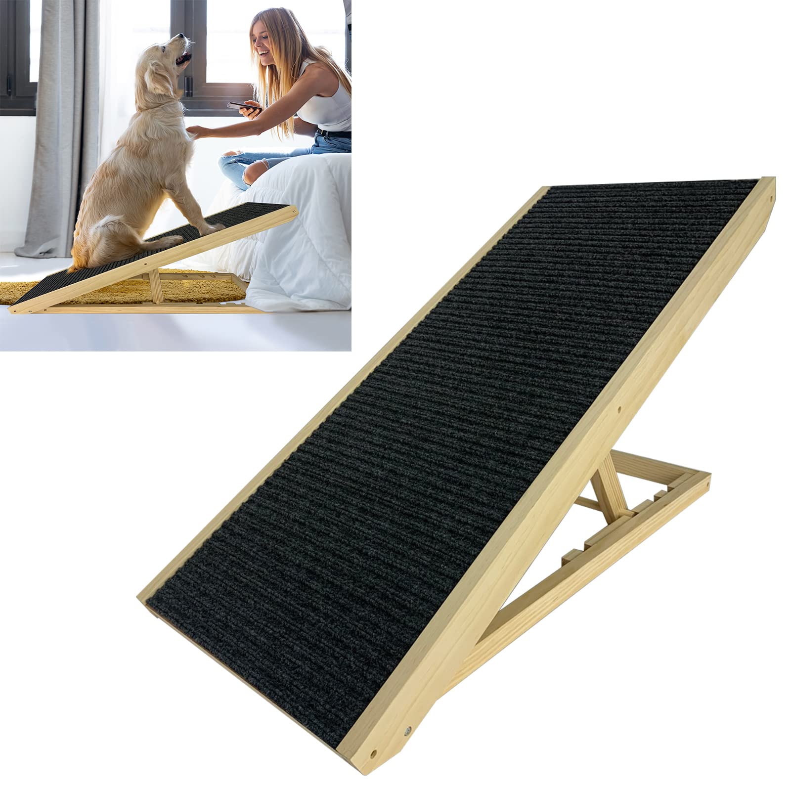 XMTECH Rampa plegable para perros, escaleras para perros grandes, de madera de pino, antideslizante, altura ajustable de 30 a 60 cm, para mascotas y gatos, 100 cm de largo