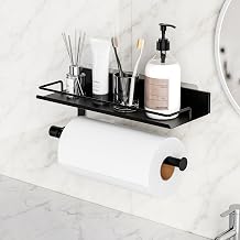 Wall Mount Paper Towel Holder with Shelf for Bathroom & Kitchen, No Drill Adhesive or Screw Mount, Matte Black