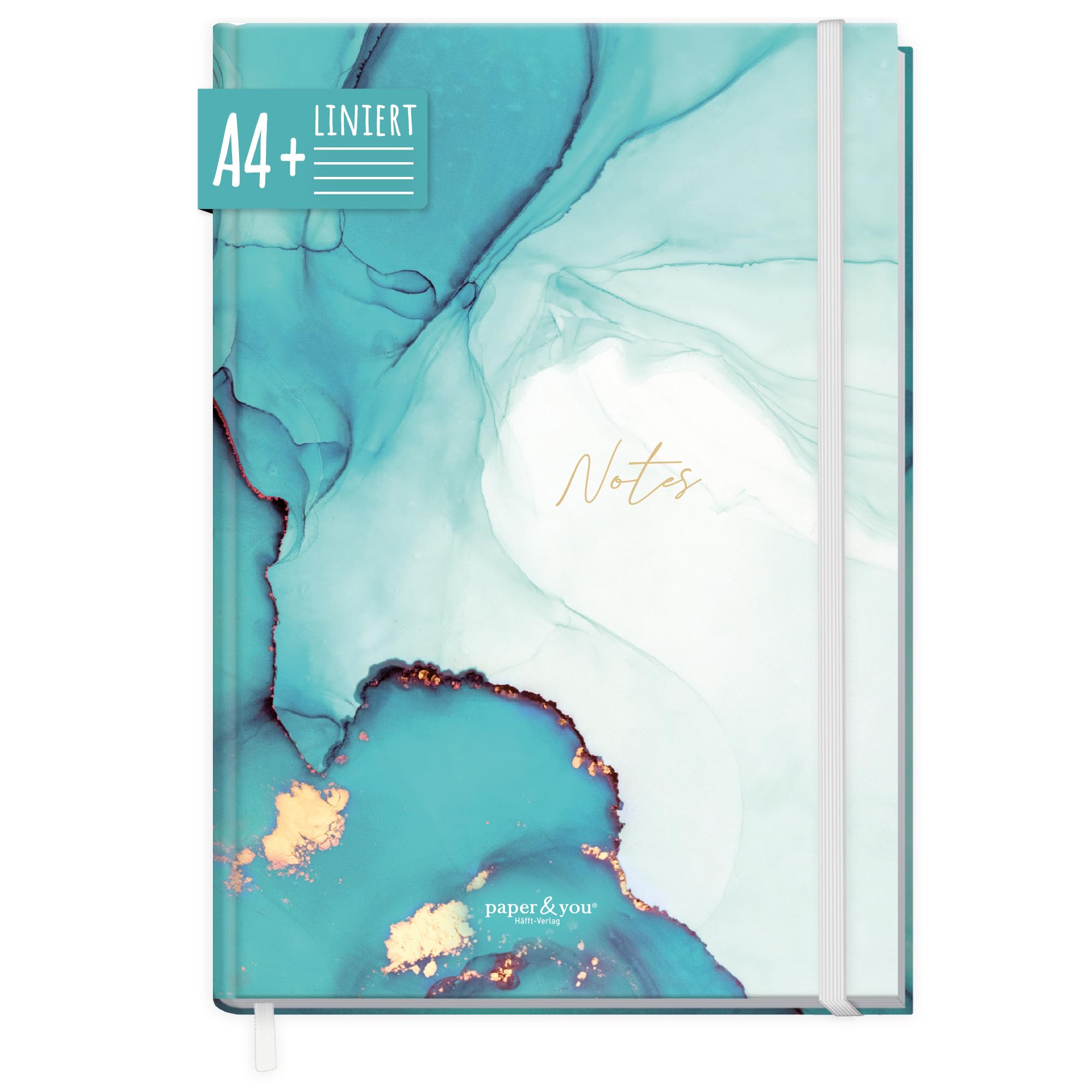 paper&you notebook lined A4+ with elastic band "Emerald Gold" 156 pages, 78 sheets - lined notebook, journal, sketchbook, diary - sustainable & climate-friendly