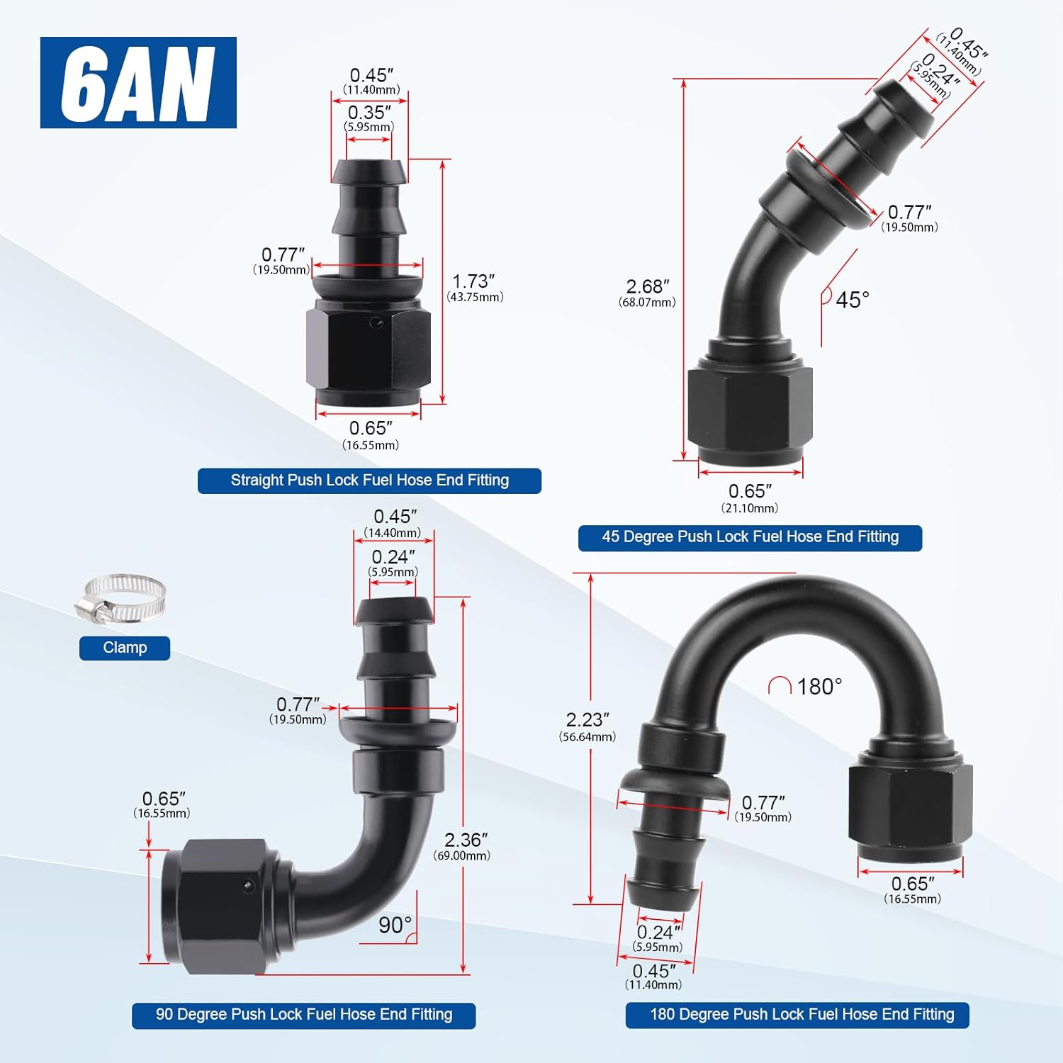 6AN Push Lock Hose Fitting Kit Straight 45 90 180 Degree Elbow Black Ends with Clamps for Rubber Fuel Line, 8PCS