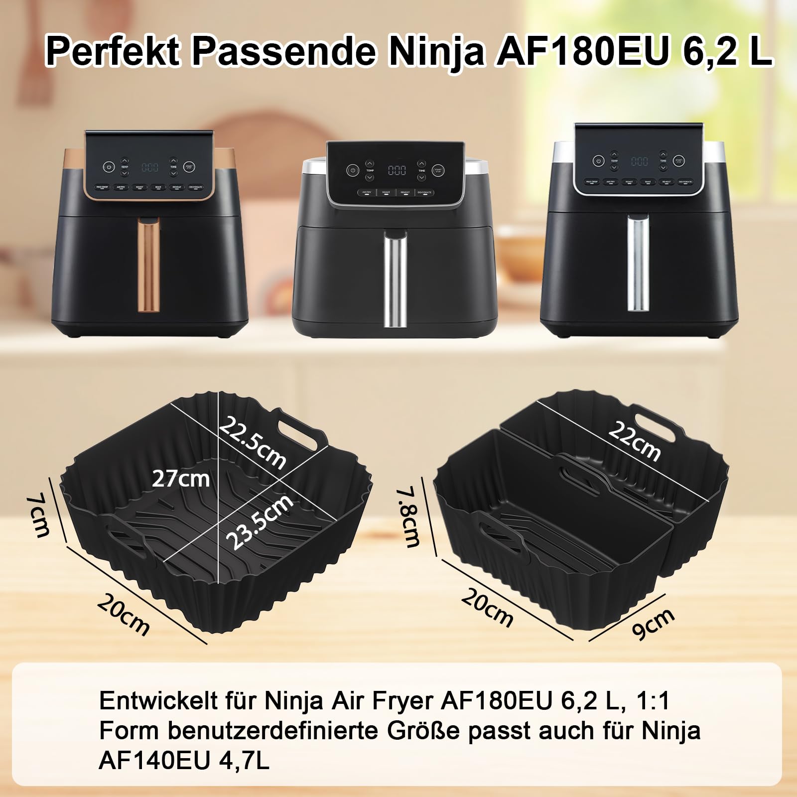 Silikonowe formy do frytkownicy powietrznej dla Ninja AF140EU 4,7L/AF180EU 6,2L, 22 sztuki wielokrotnego użytku, kwadratowe silikonowe akcesoria do frytkownicy powietrznej bez BPA