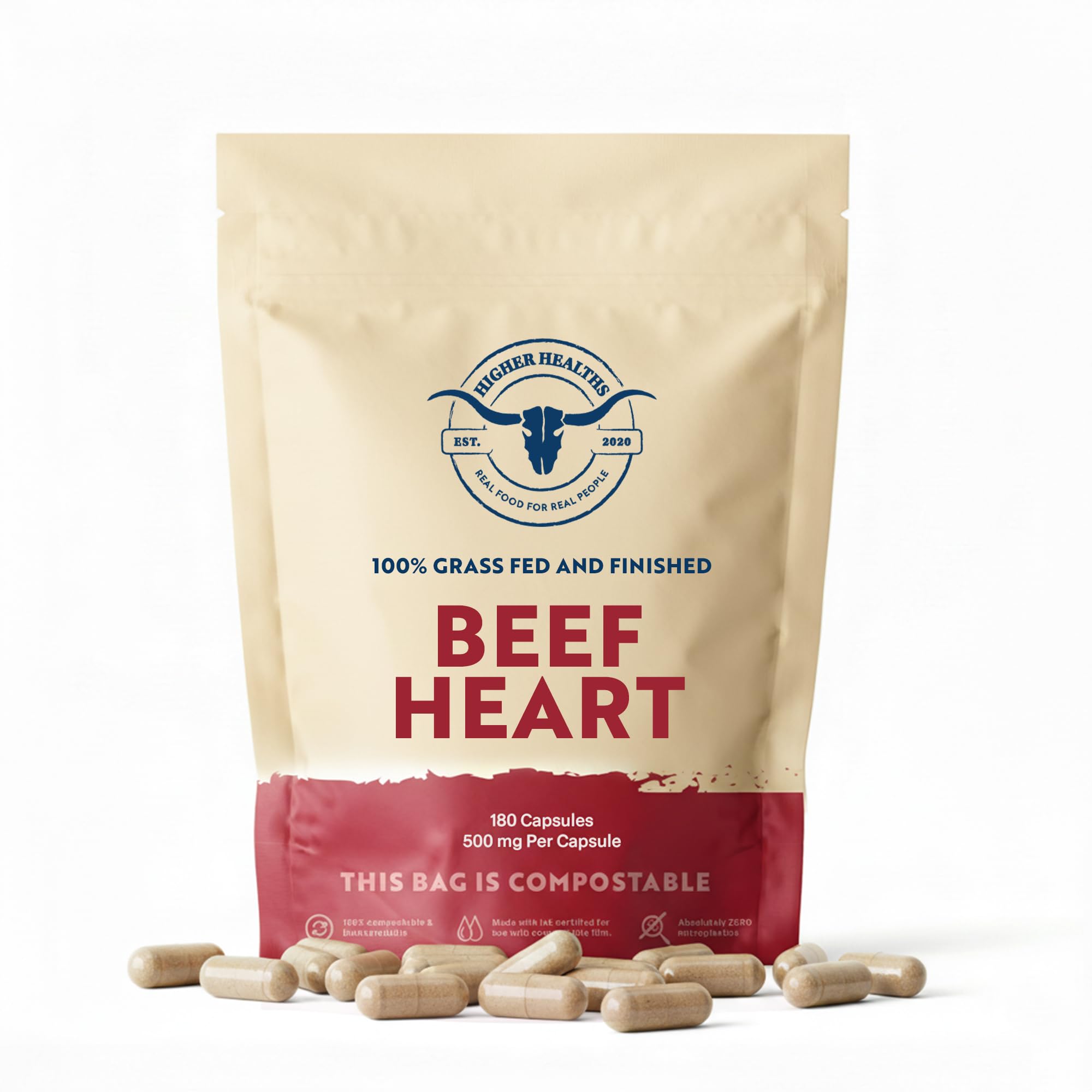 100% Beef Heart Supplement, Freeze-Dried Grass Fed Beef, 180 Capsules